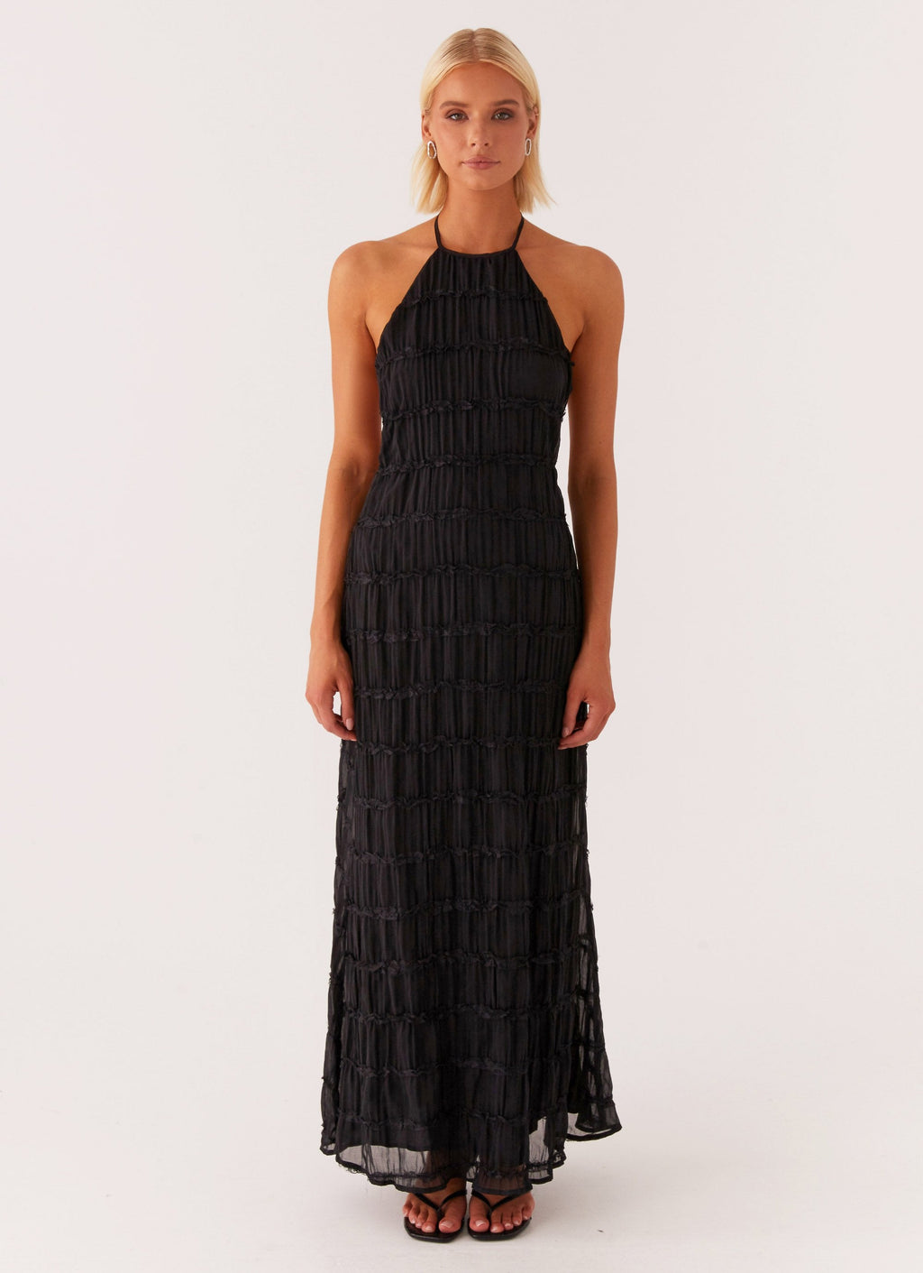 Halter Neck Lace-Trim Maxi Dress - Black