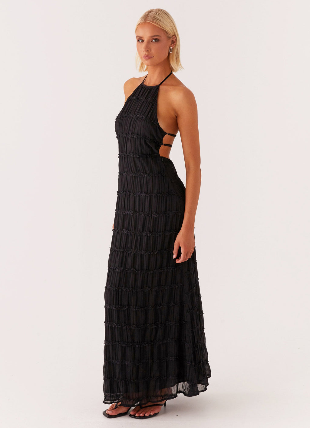 Halter Neck Lace-Trim Maxi Dress - Black