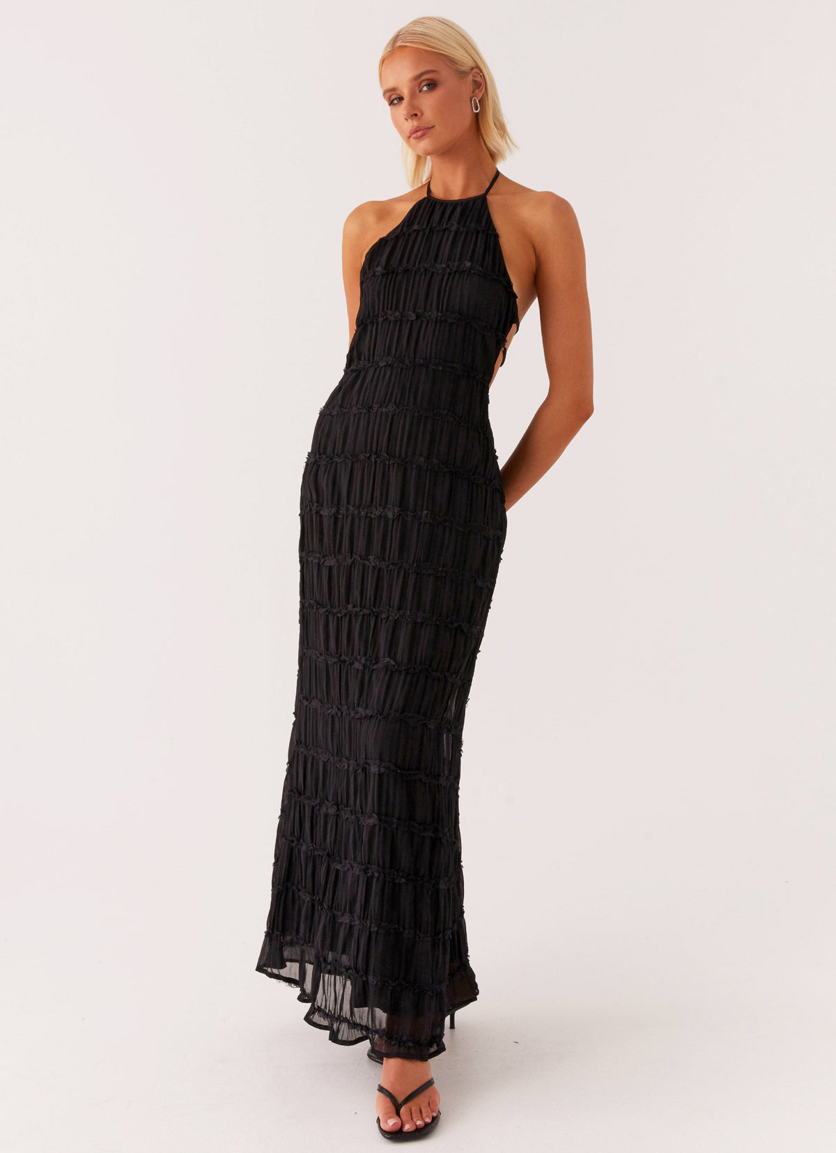 Halter Neck Lace-Trim Maxi Dress - Black