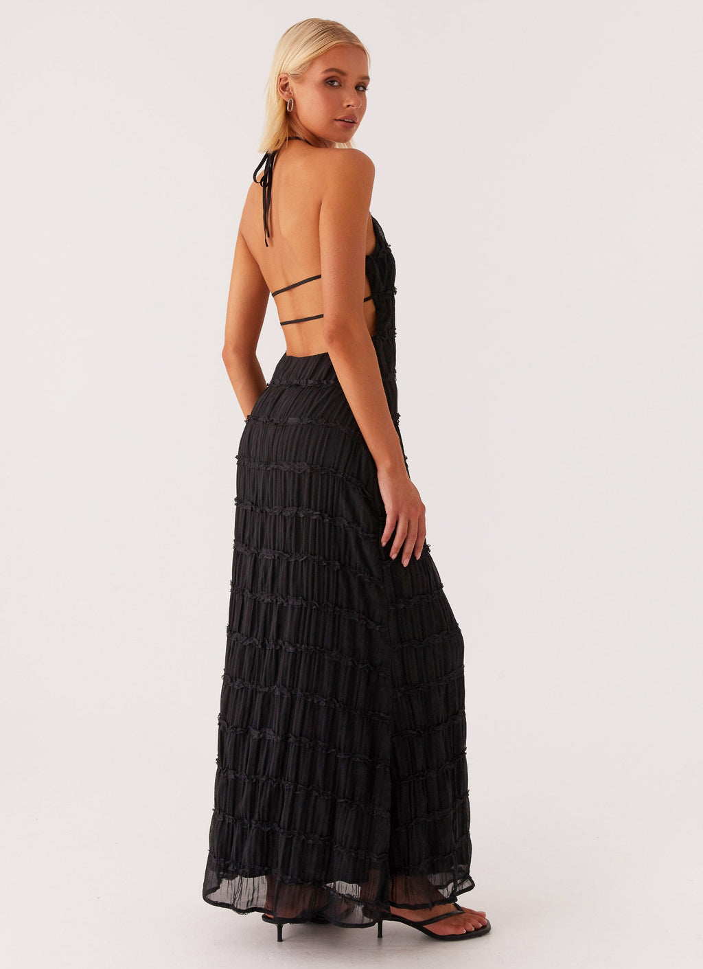Halter Neck Lace-Trim Maxi Dress - Black