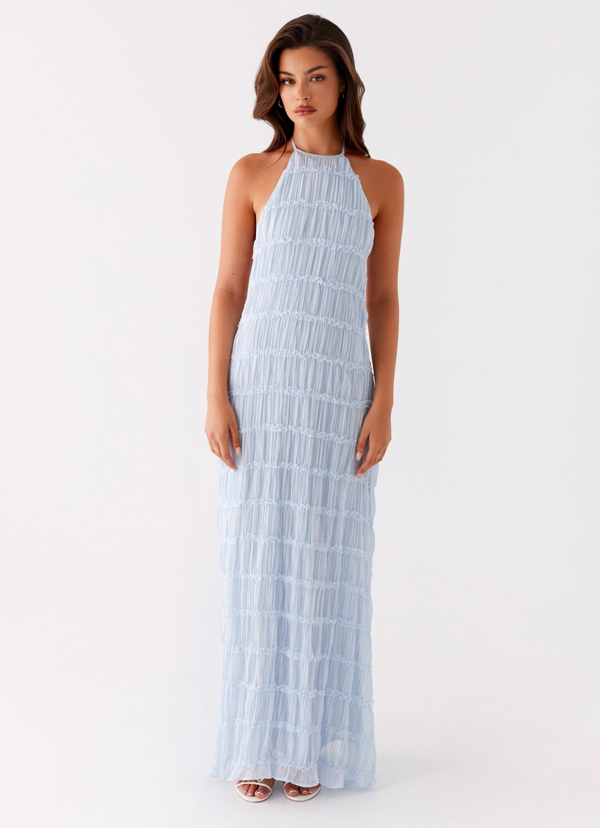 Halter Neck Lace-Trim Maxi Dress - Blue