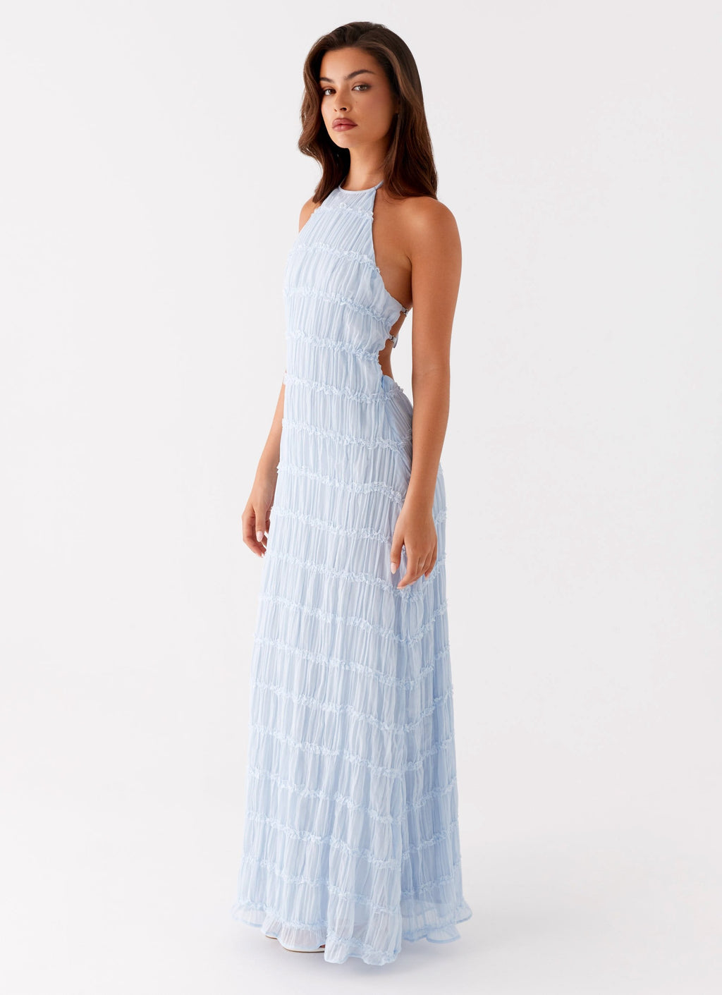 Halter Neck Lace-Trim Maxi Dress - Blue