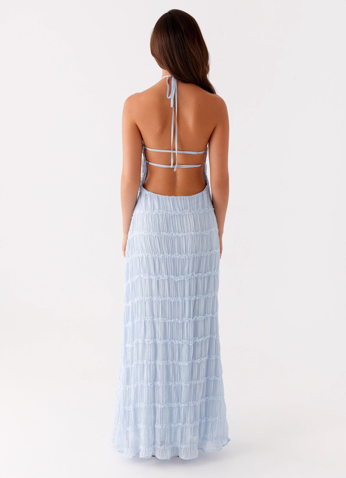 Halter Neck Lace-Trim Maxi Dress - Blue