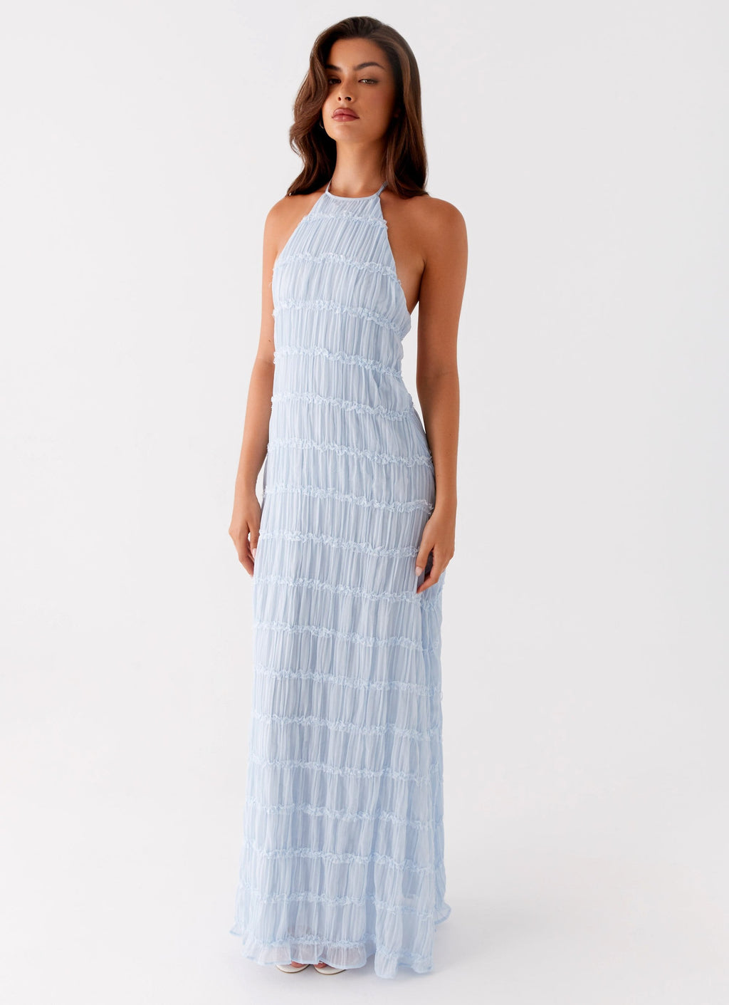 Halter Neck Lace-Trim Maxi Dress - Blue