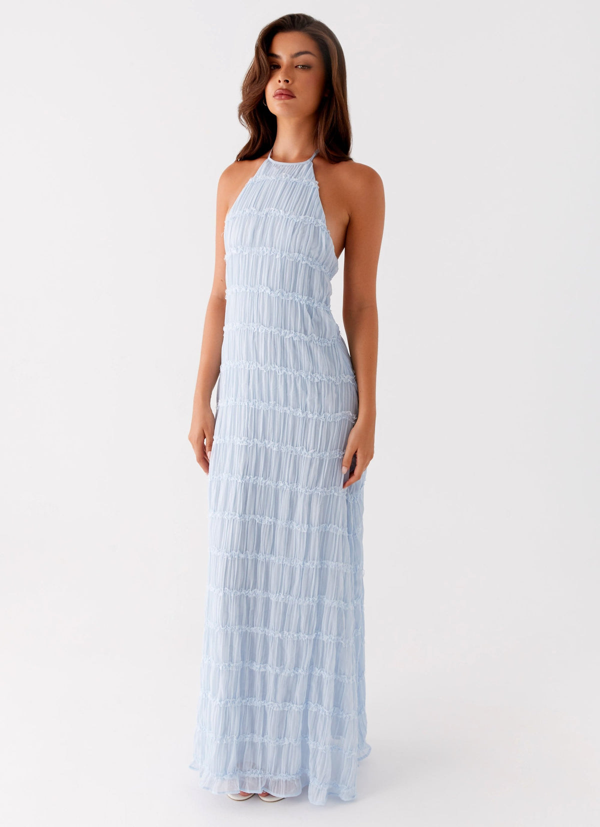 Halter Neck Lace-Trim Maxi Dress - Blue