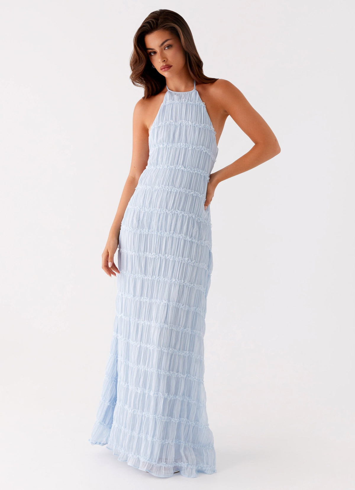 Halter Neck Lace-Trim Maxi Dress - Blue