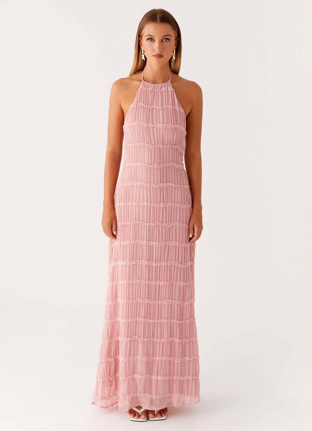 Halter Neck Lace-Trim Maxi Dress - Pink