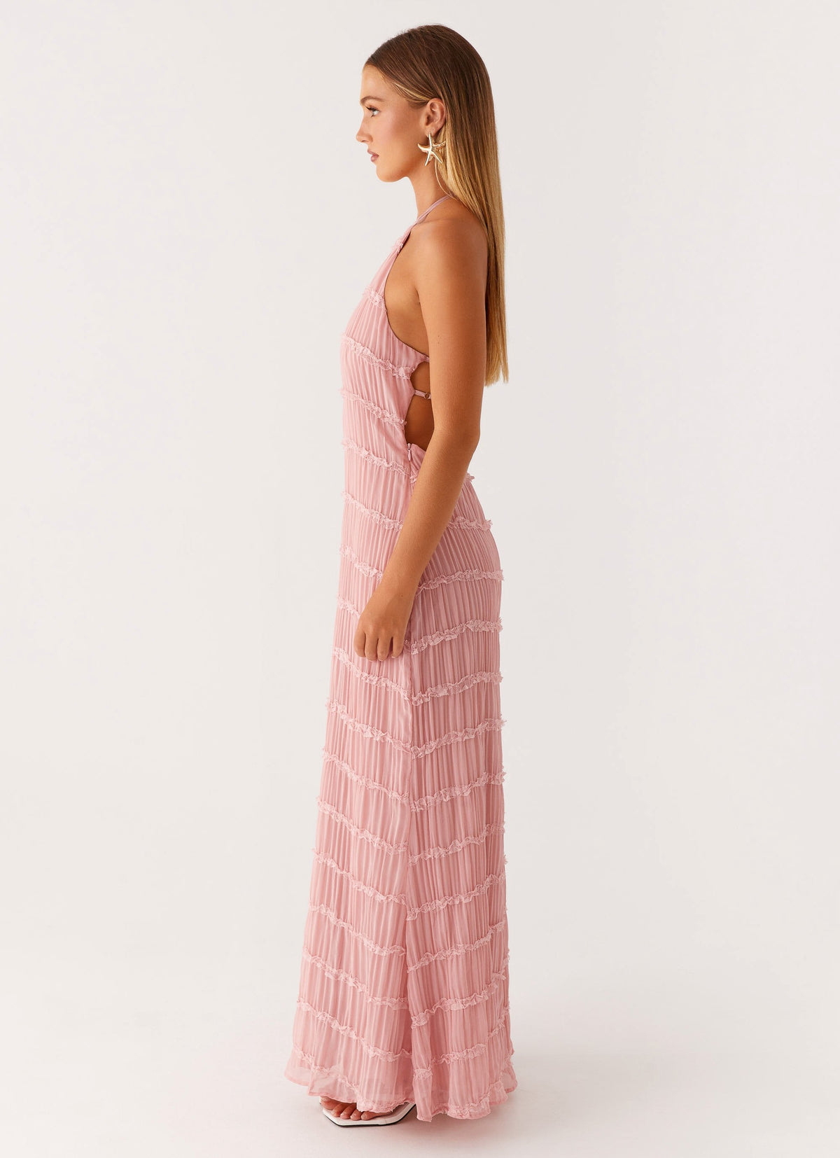 Halter Neck Lace-Trim Maxi Dress - Pink
