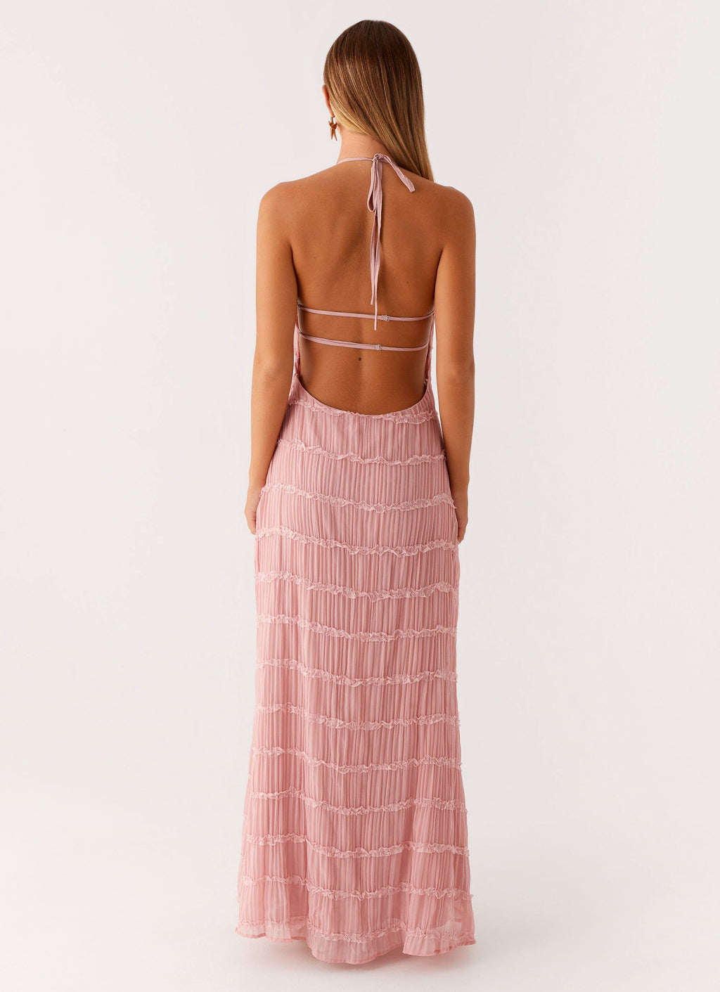 Halter Neck Lace-Trim Maxi Dress - Pink