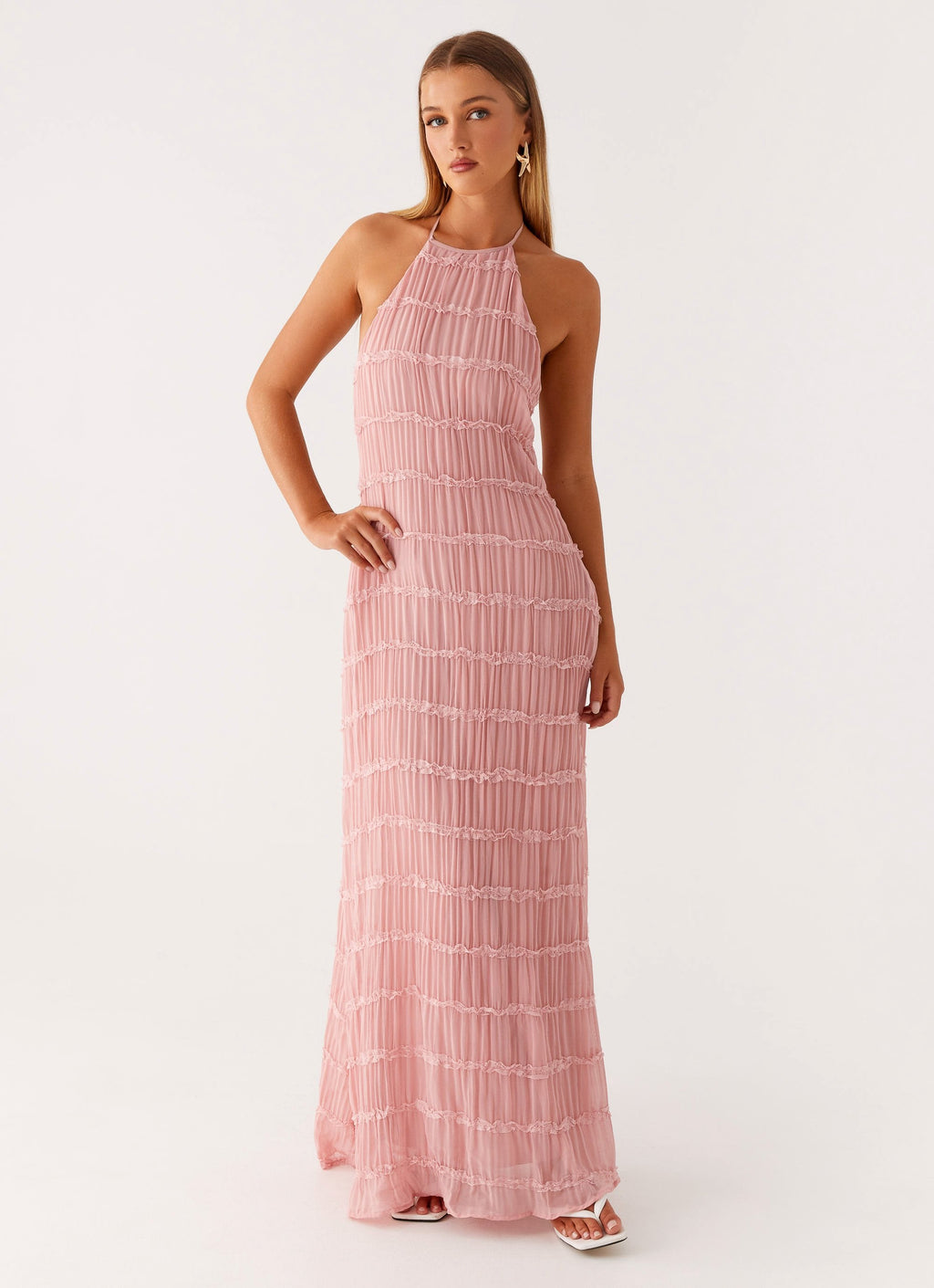 Halter Neck Lace-Trim Maxi Dress - Pink