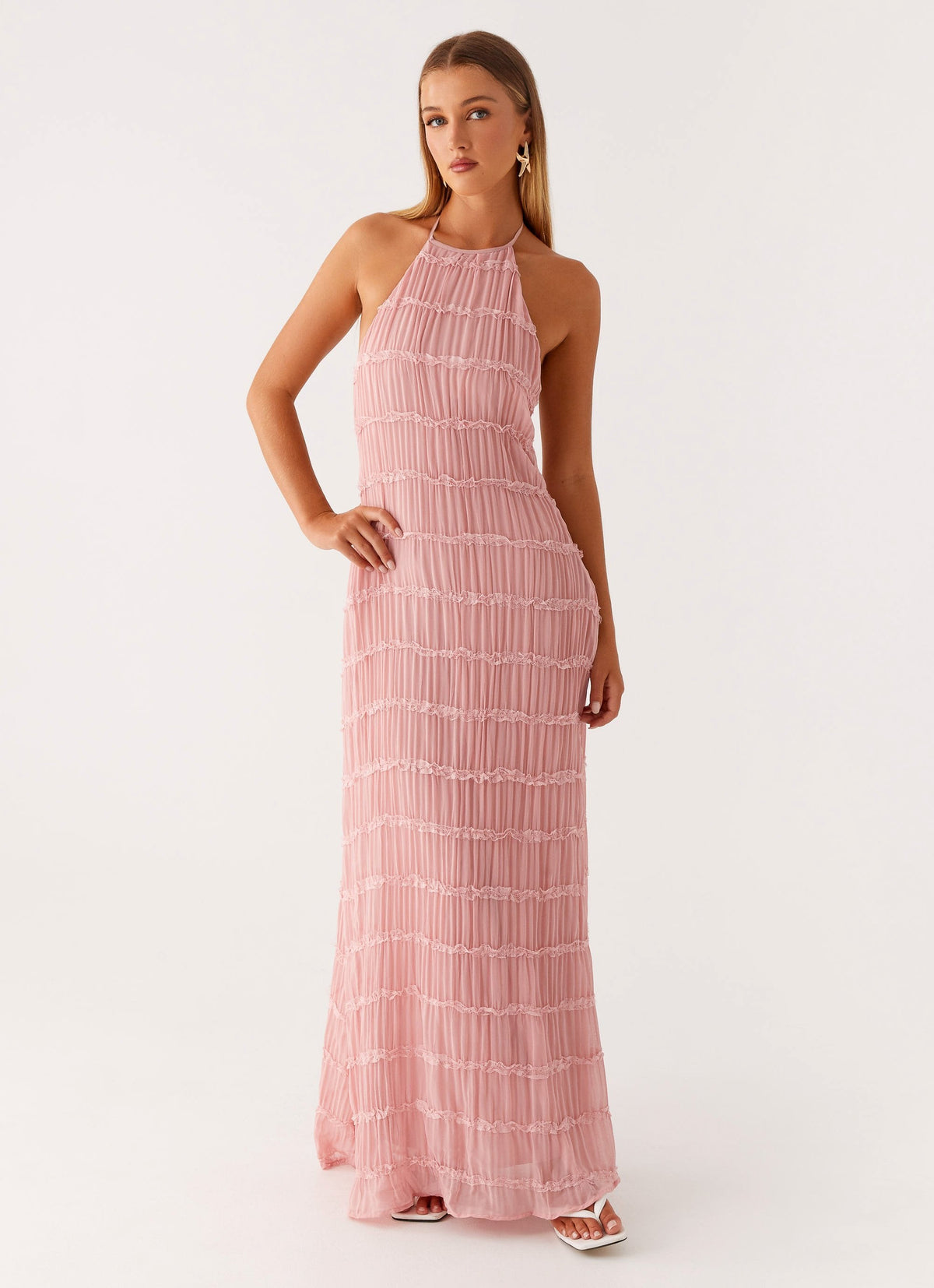 Halter Neck Lace-Trim Maxi Dress - Pink