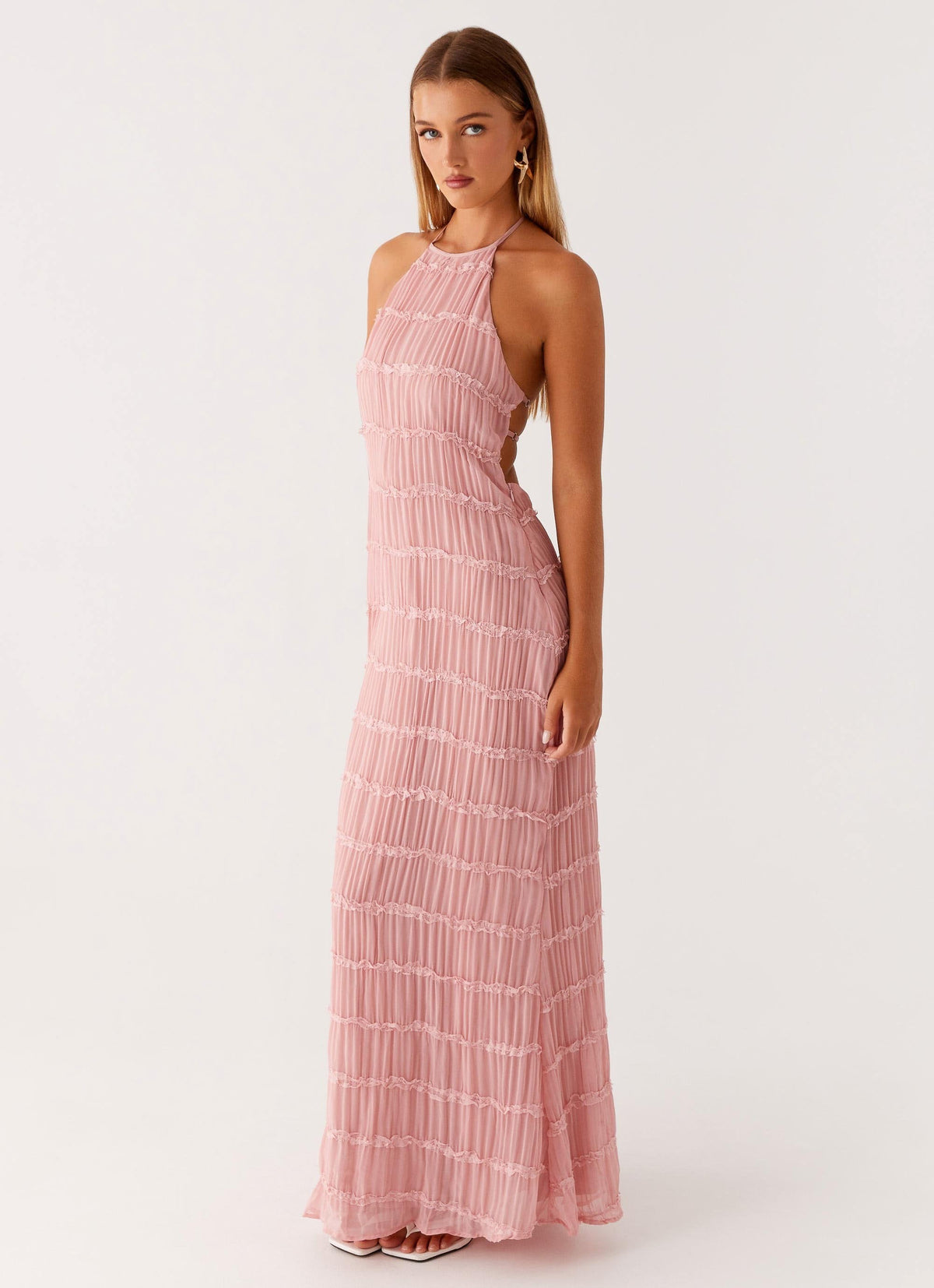 Halter Neck Lace-Trim Maxi Dress - Pink