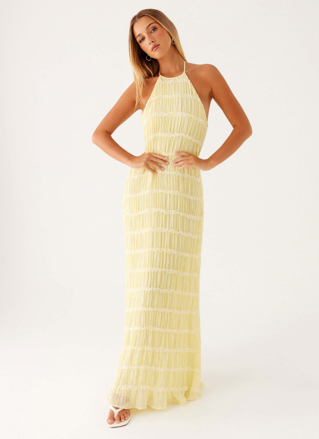 Halter Neck Lace-Trim Maxi Dress - Yellow