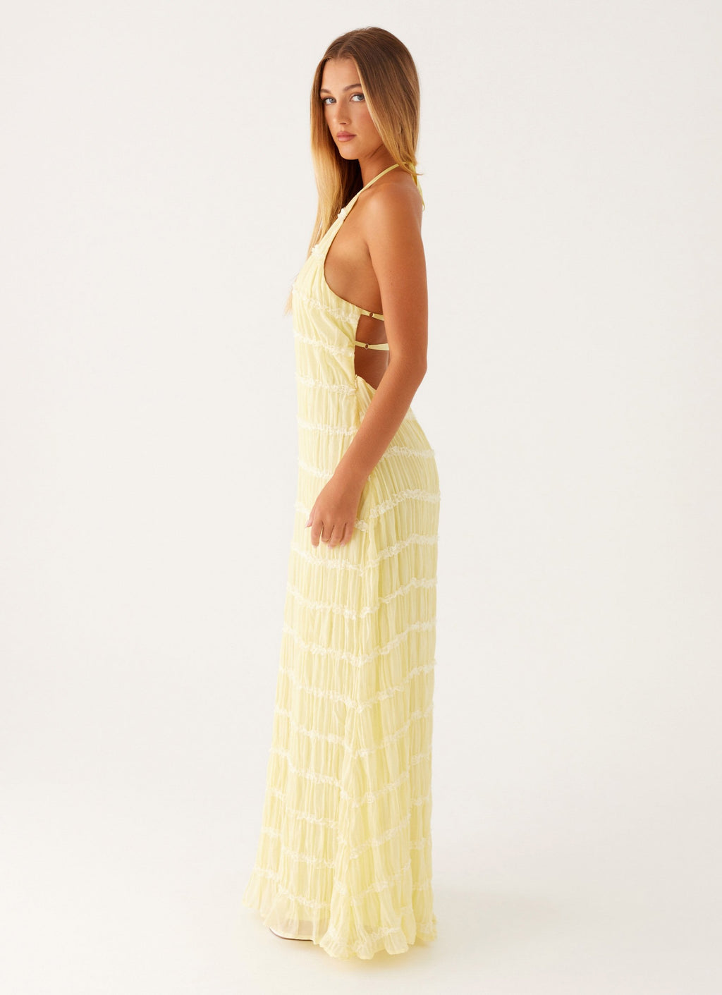 Halter Neck Lace-Trim Maxi Dress - Yellow