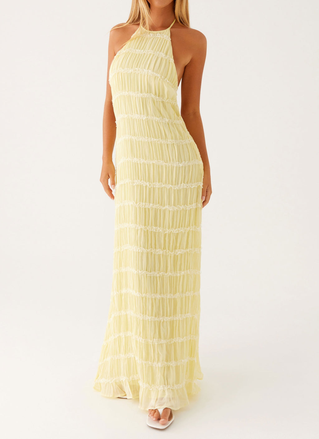 Halter Neck Lace-Trim Maxi Dress - Yellow