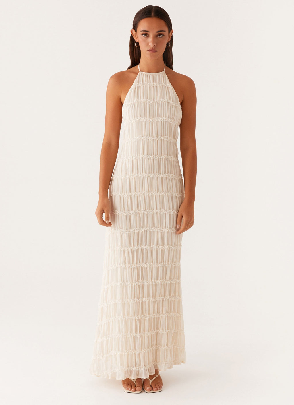 Halter Neck Lace-Trim Maxi Dress - Ivory