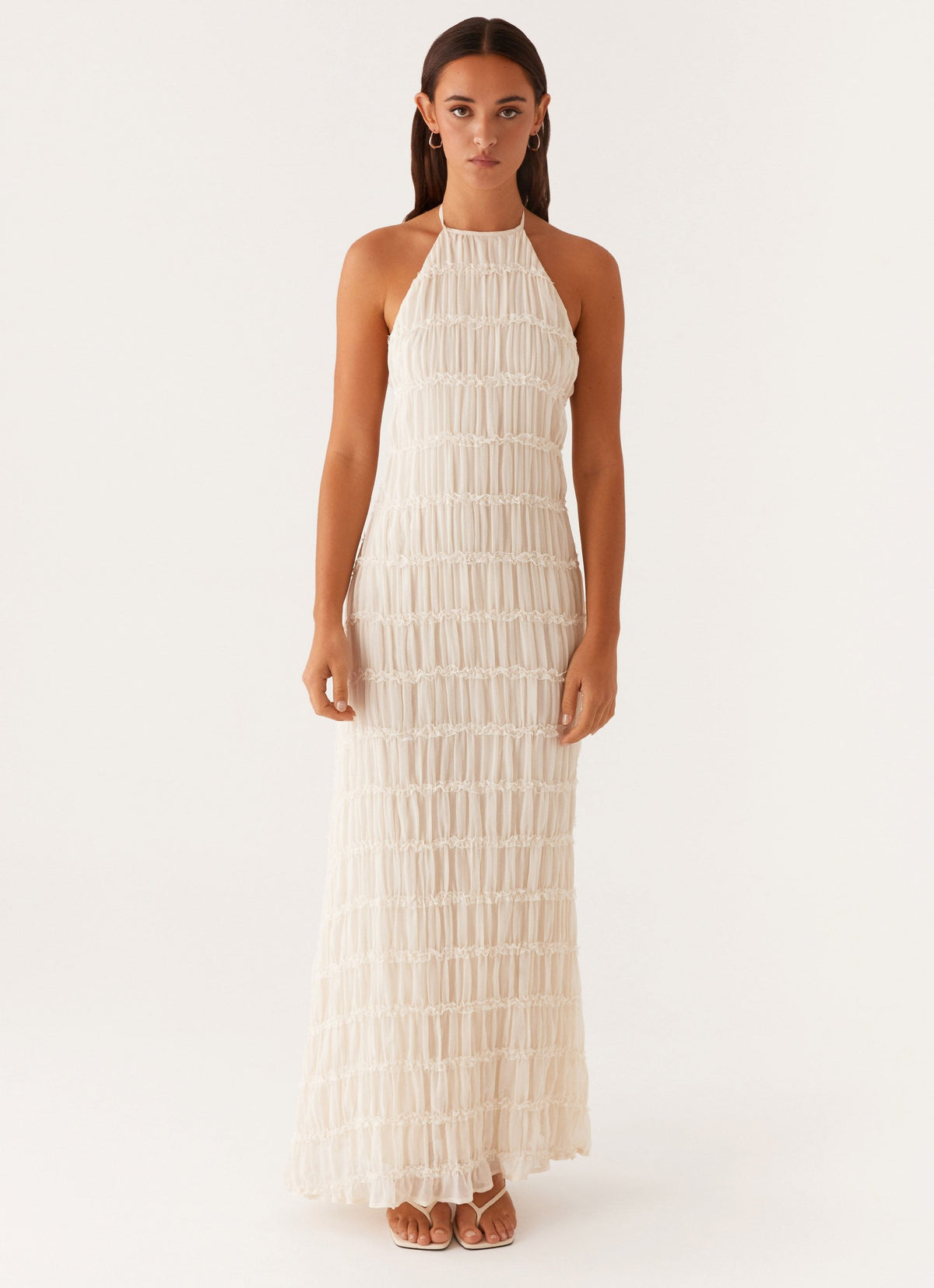 Halter Neck Lace-Trim Maxi Dress - Ivory