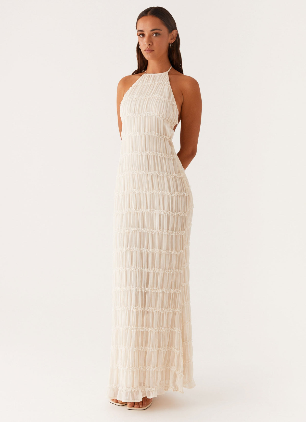 Halter Neck Lace-Trim Maxi Dress - Ivory