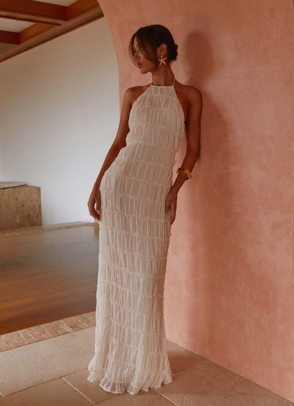 Halter Neck Lace-Trim Maxi Dress - Ivory