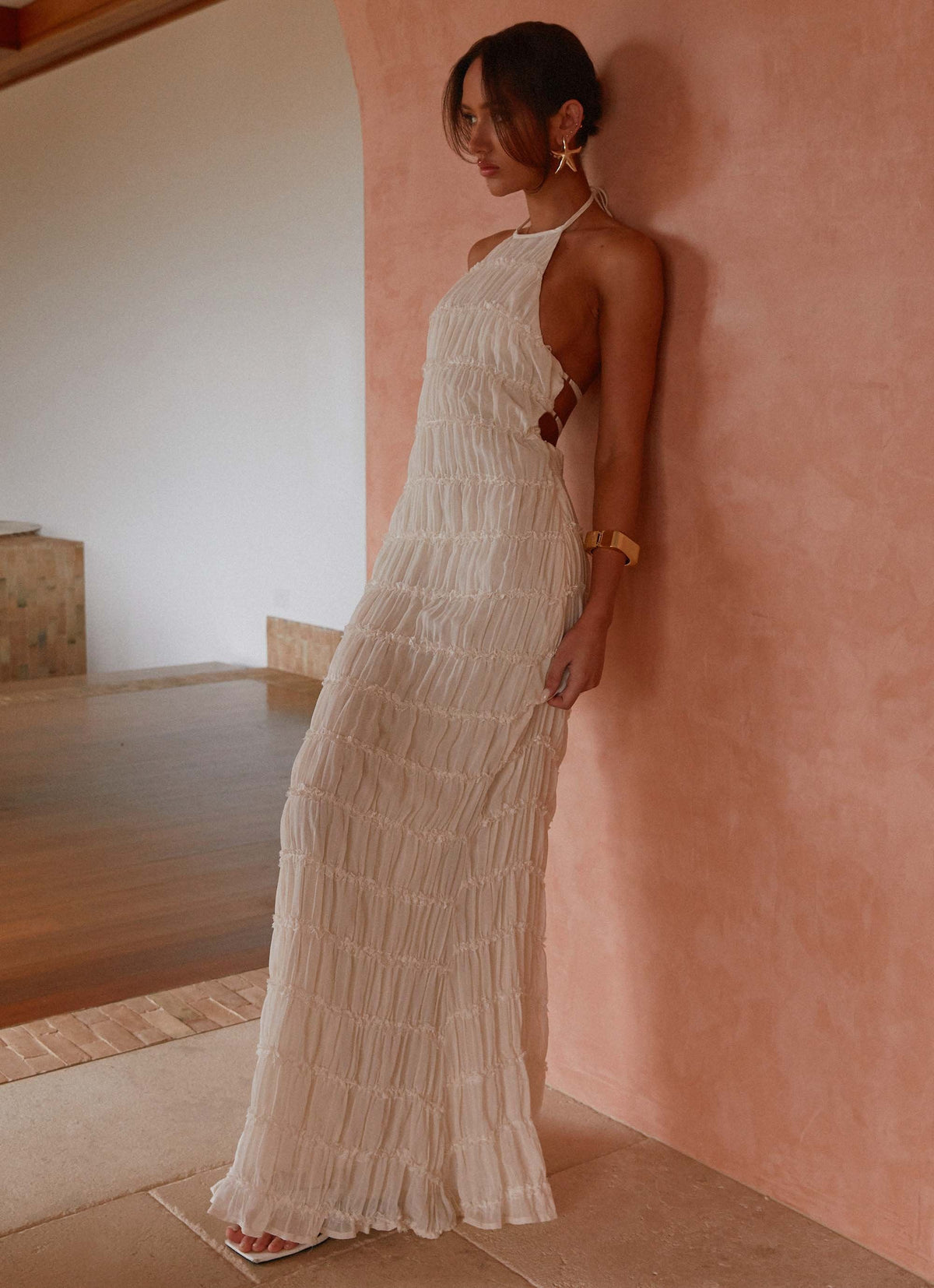 Halter Neck Lace-Trim Maxi Dress - Ivory