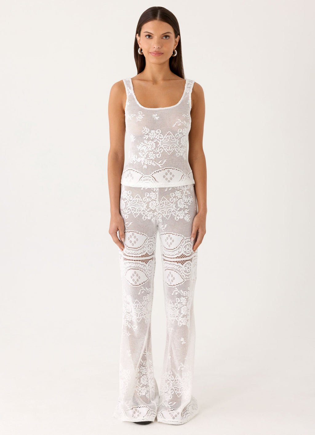Low-Rise Sheer Lace Flare Trousers - White