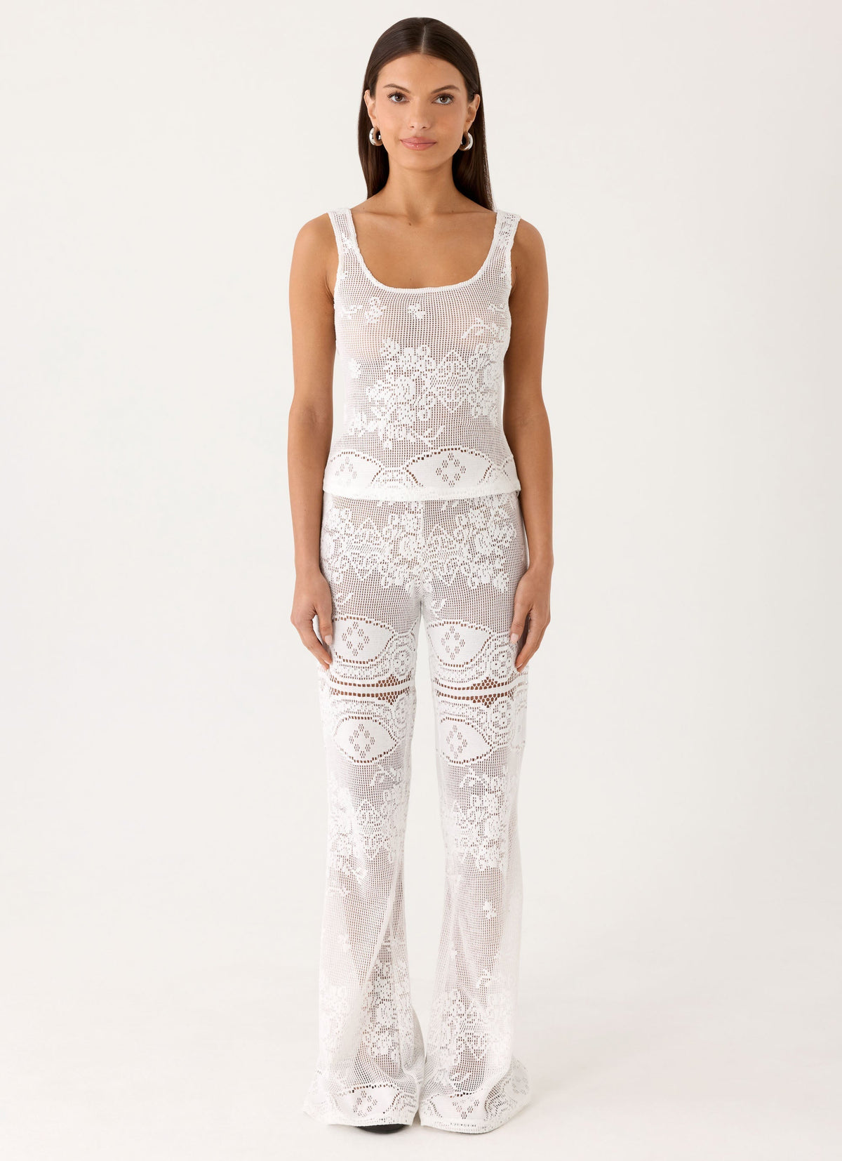 Low-Rise Sheer Lace Flare Trousers - White