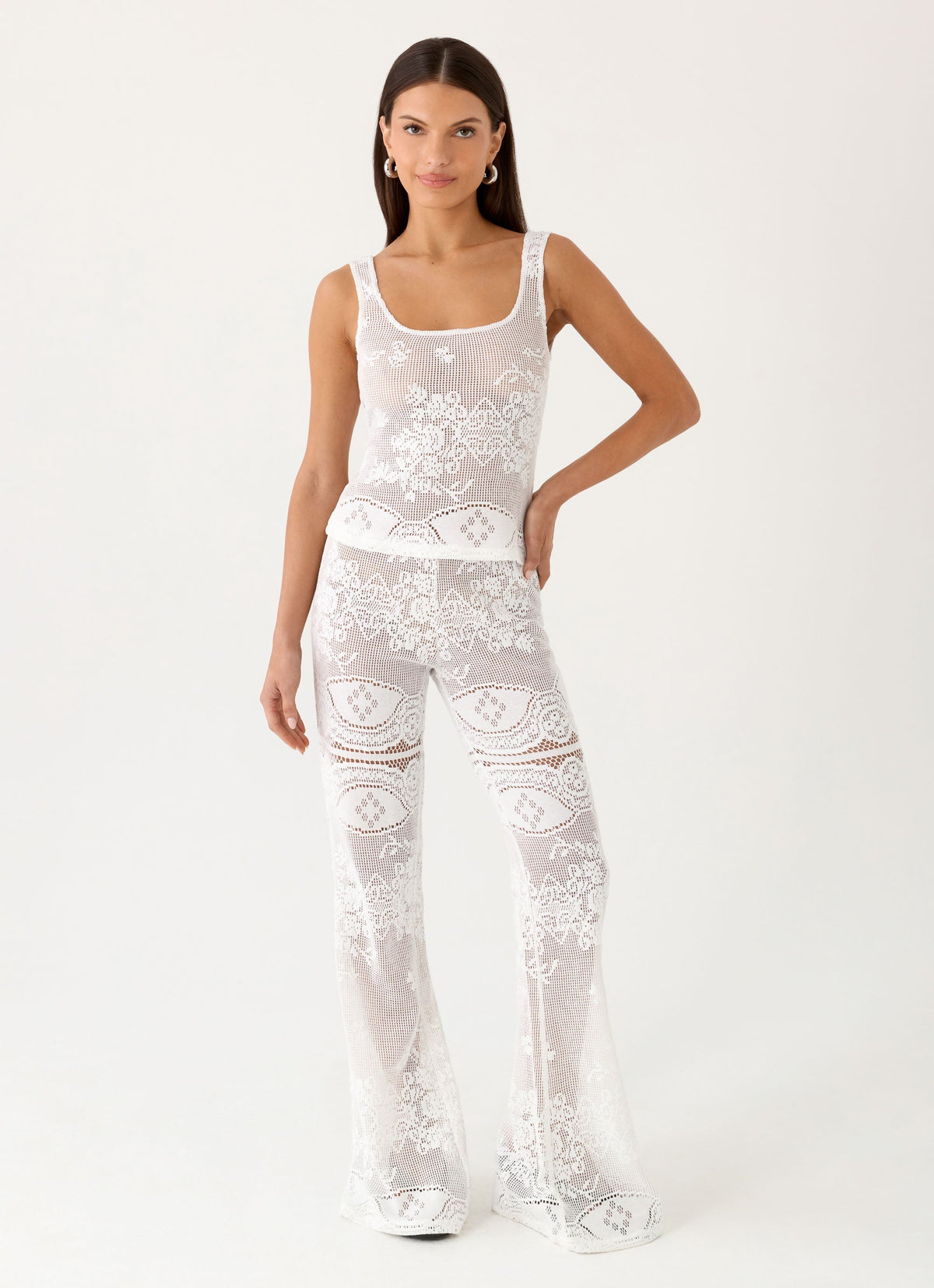 Low-Rise Sheer Lace Flare Trousers - White