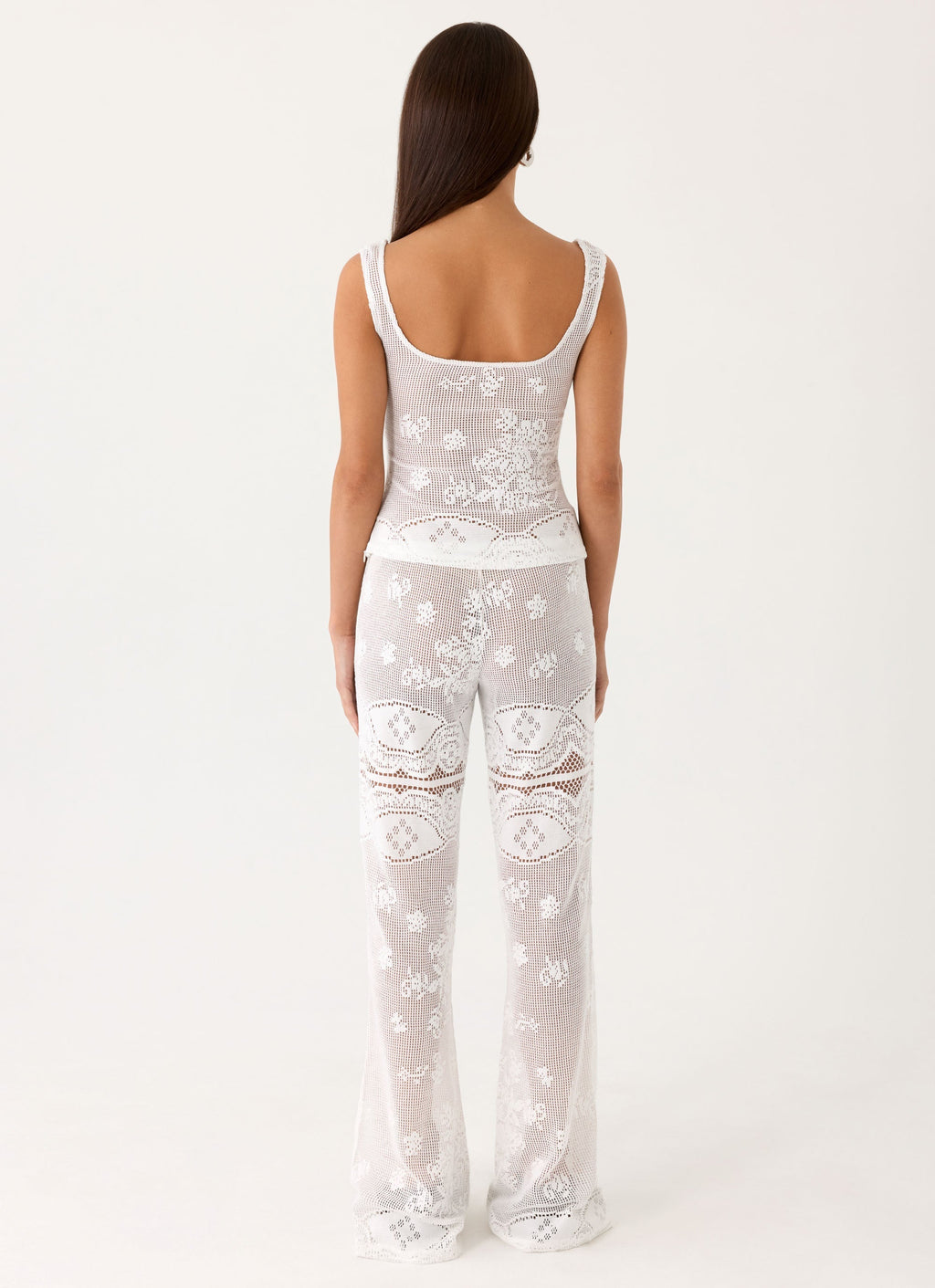 Low-Rise Sheer Lace Flare Trousers - White