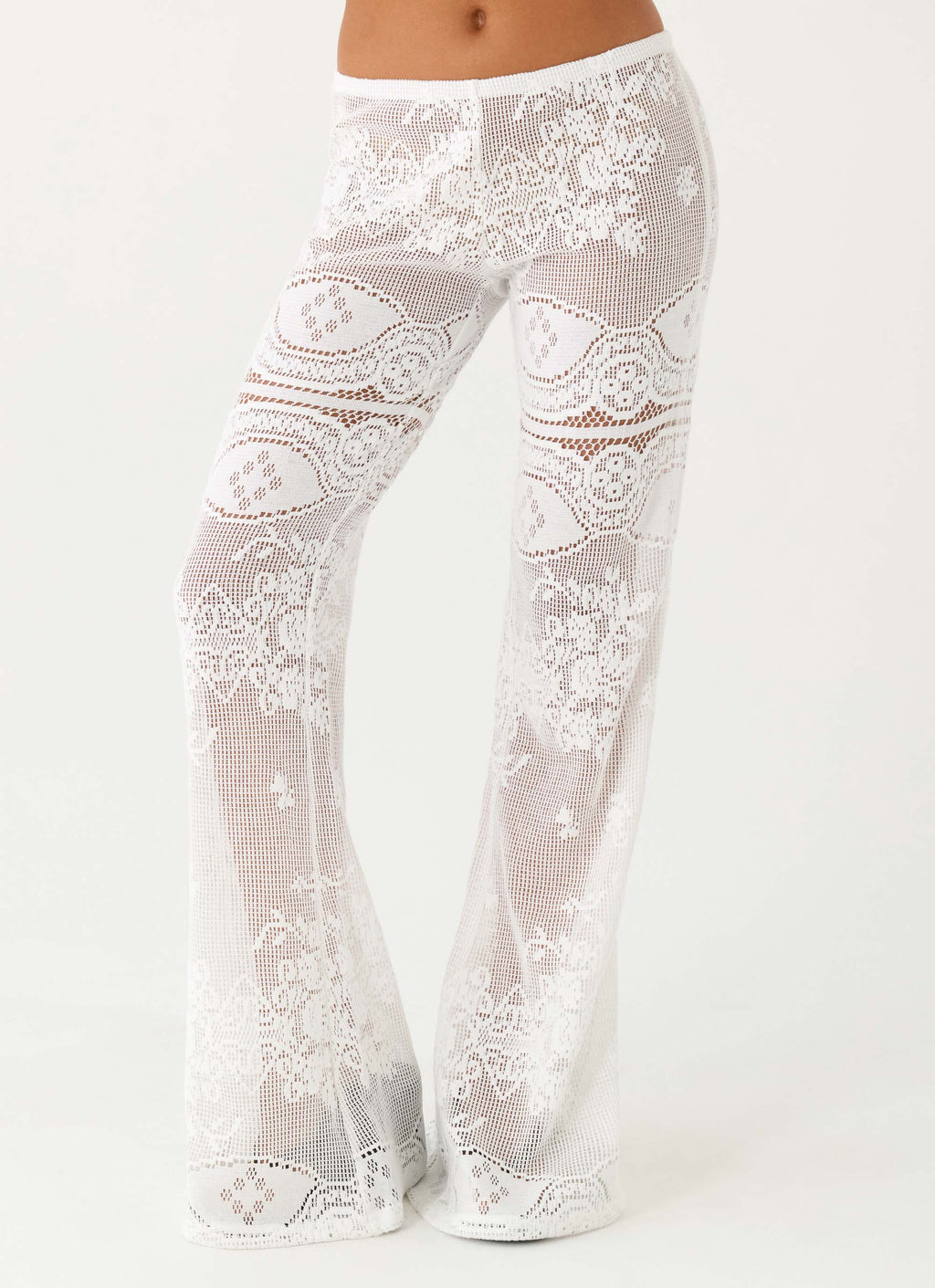 Low-Rise Sheer Lace Flare Trousers - White