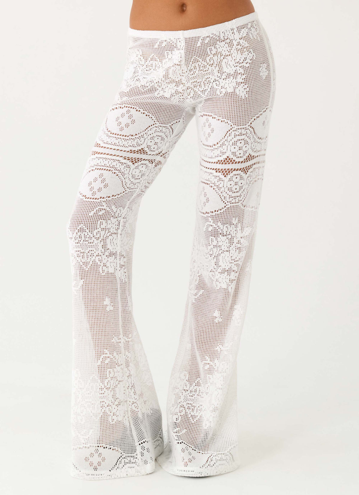 Low-Rise Sheer Lace Flare Trousers - White