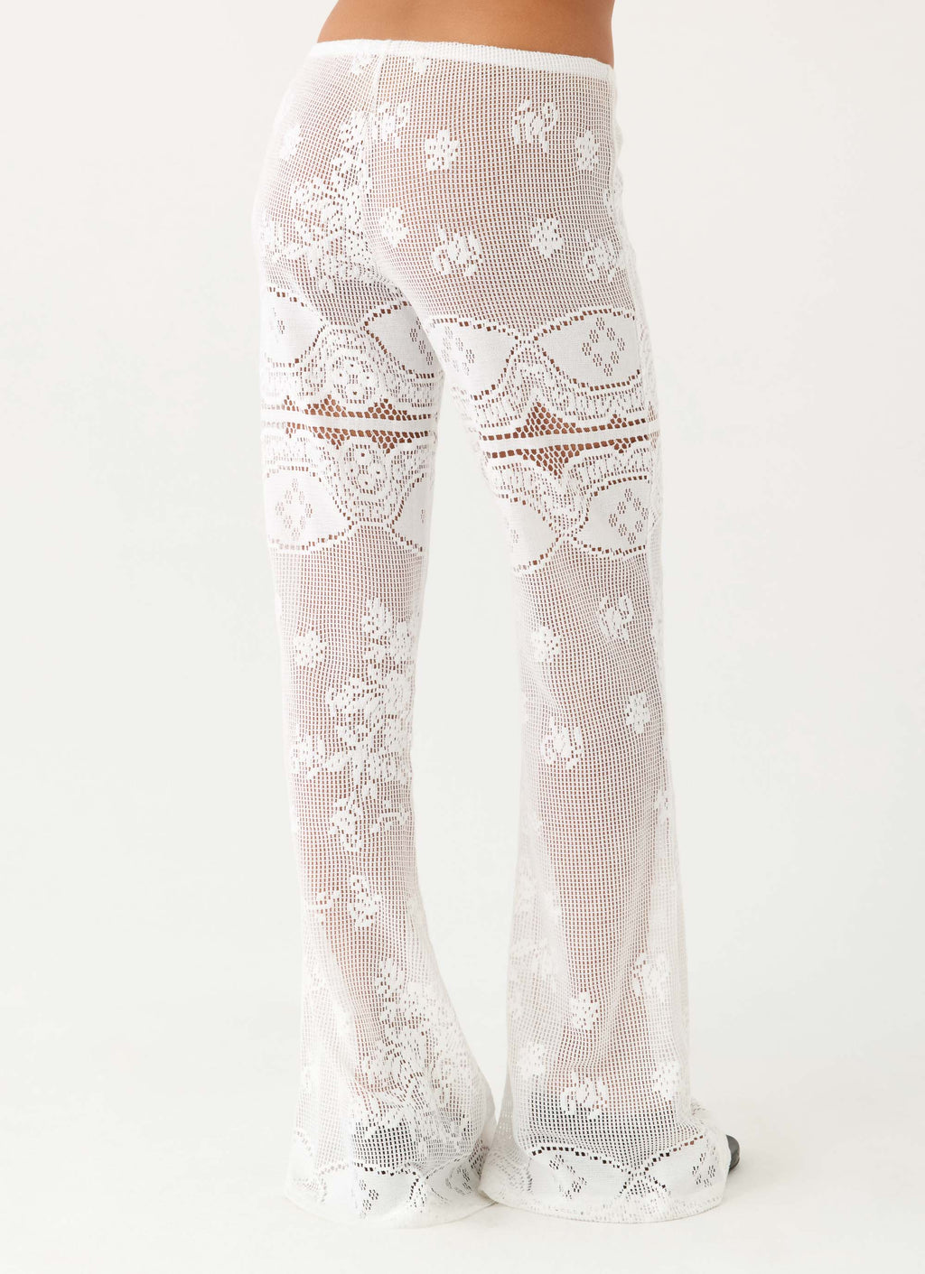 Low-Rise Sheer Lace Flare Trousers - White