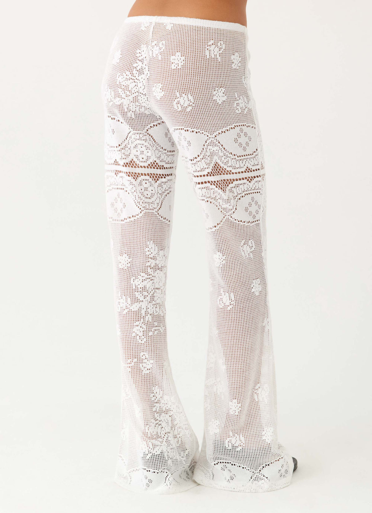Low-Rise Sheer Lace Flare Trousers - White
