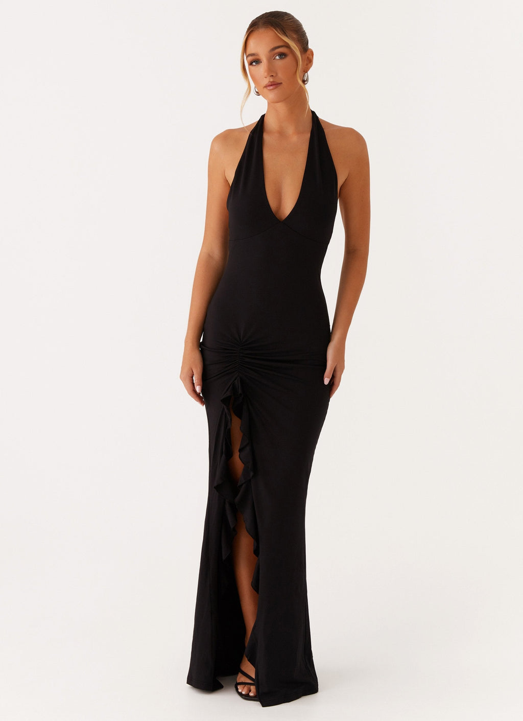 Open-Back Ruched Maxi Dress - Black
