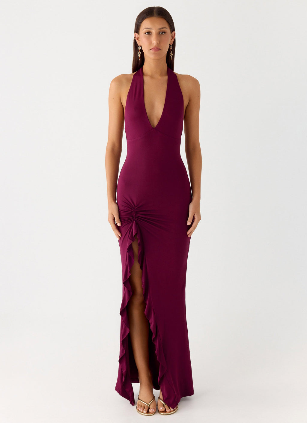 Open-Back Ruched Maxi Dress - Plum