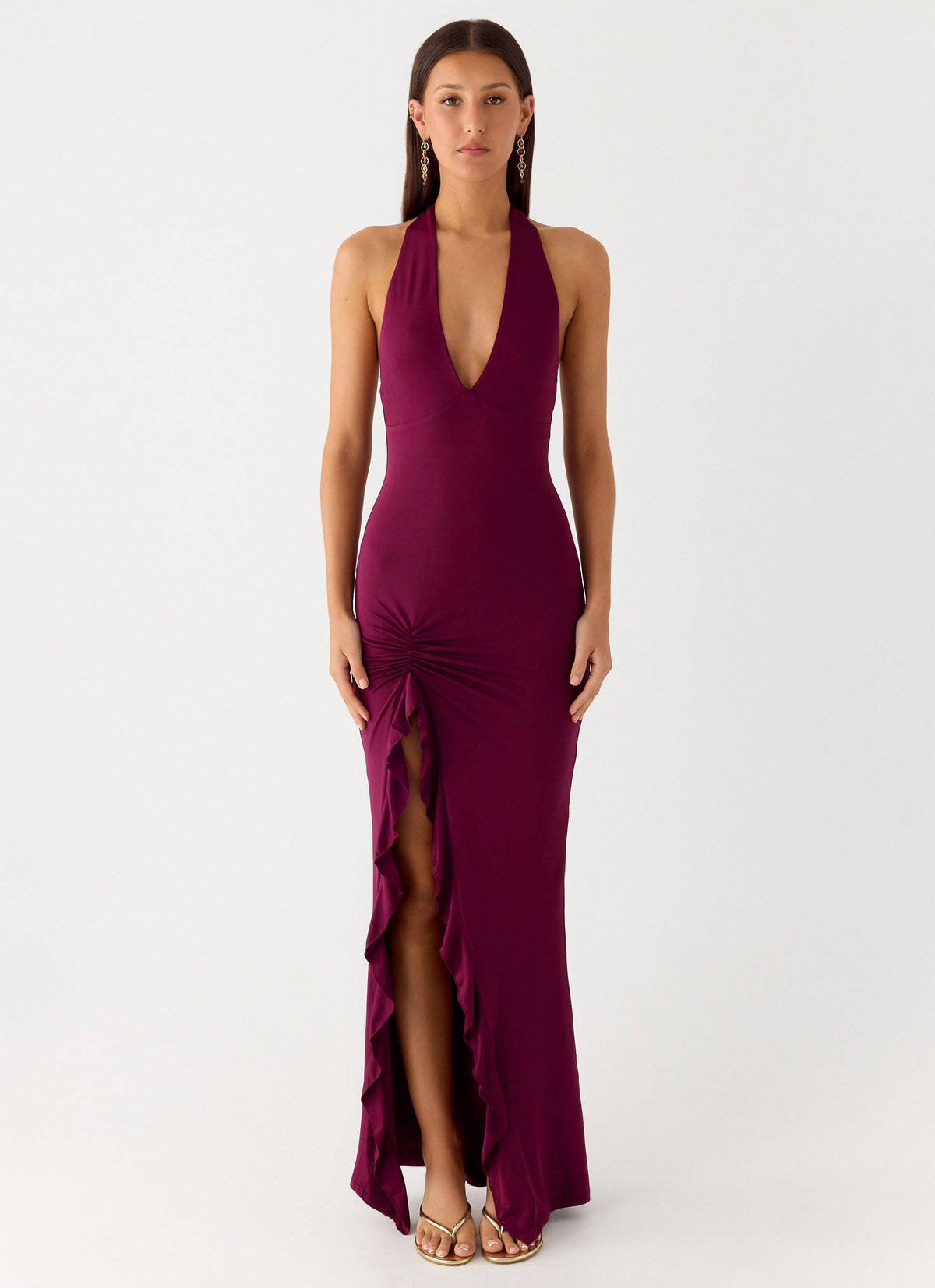 Open-Back Ruched Maxi Dress - Plum