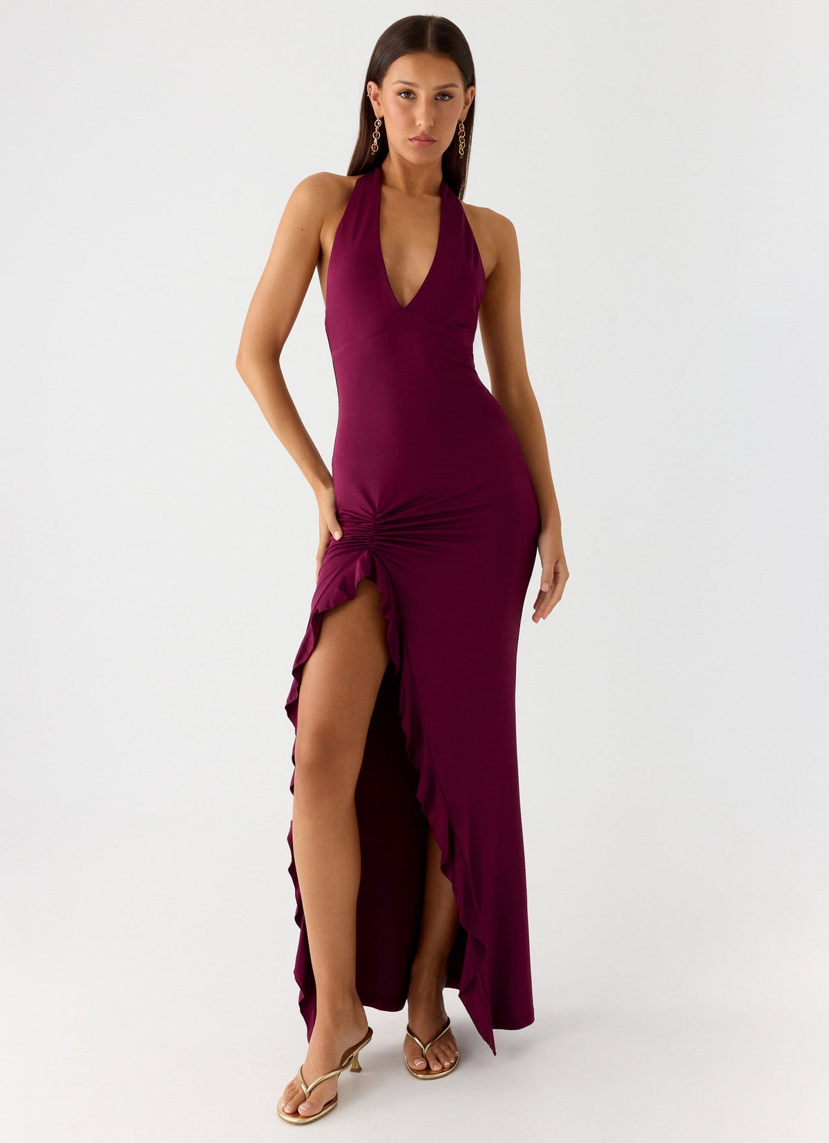 Open-Back Ruched Maxi Dress - Plum