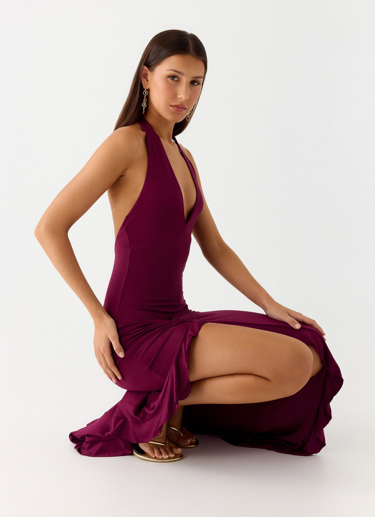 Open-Back Ruched Maxi Dress - Plum