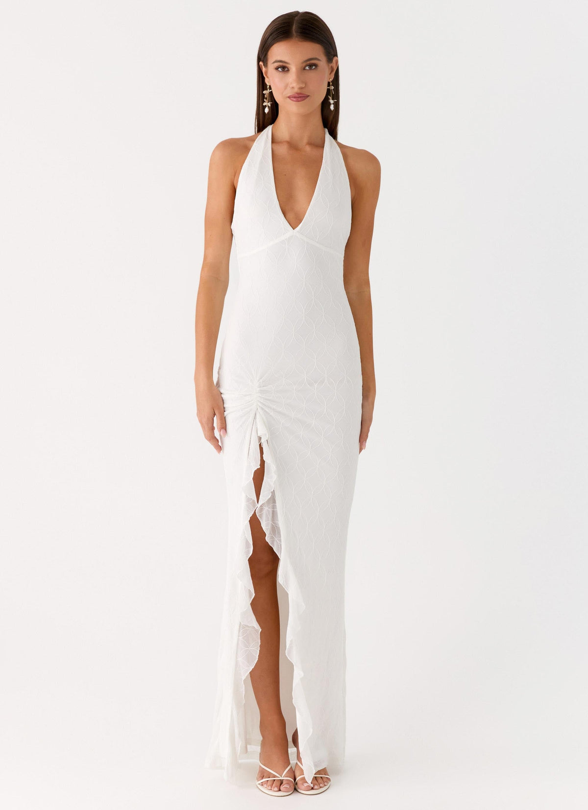 Open-Back Ruched Maxi Dress - White