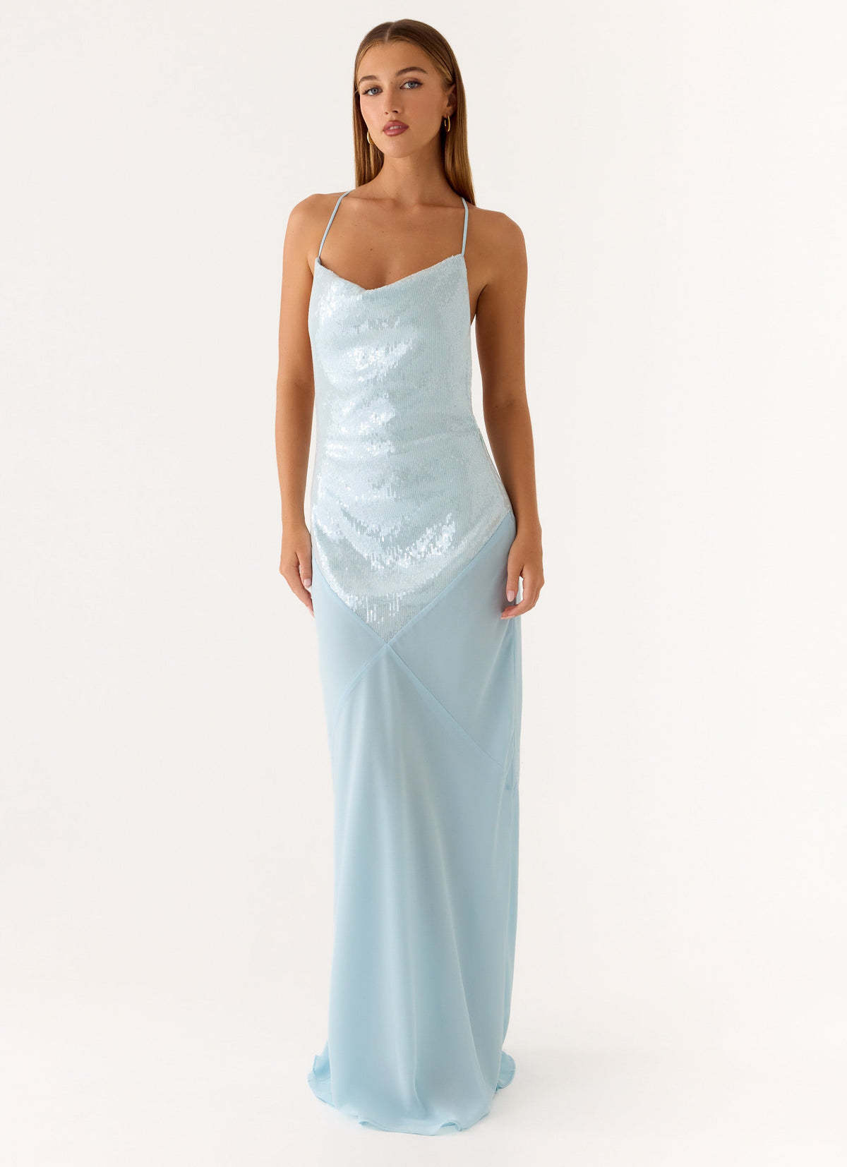 Cowl Neck Sequin Chiffon Maxi Dress - Blue