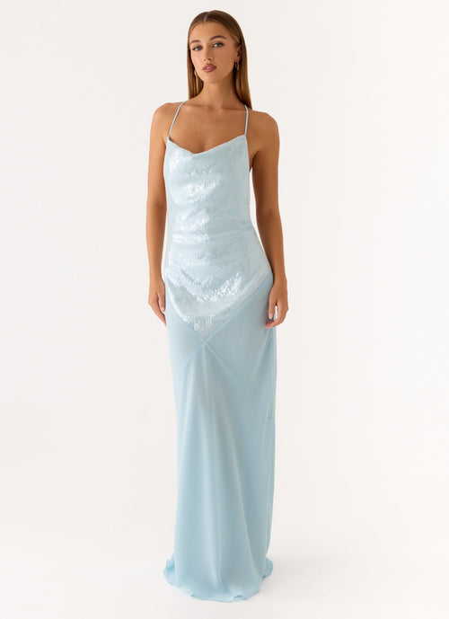 Cowl Neck Sequin Chiffon Maxi Dress - Blue