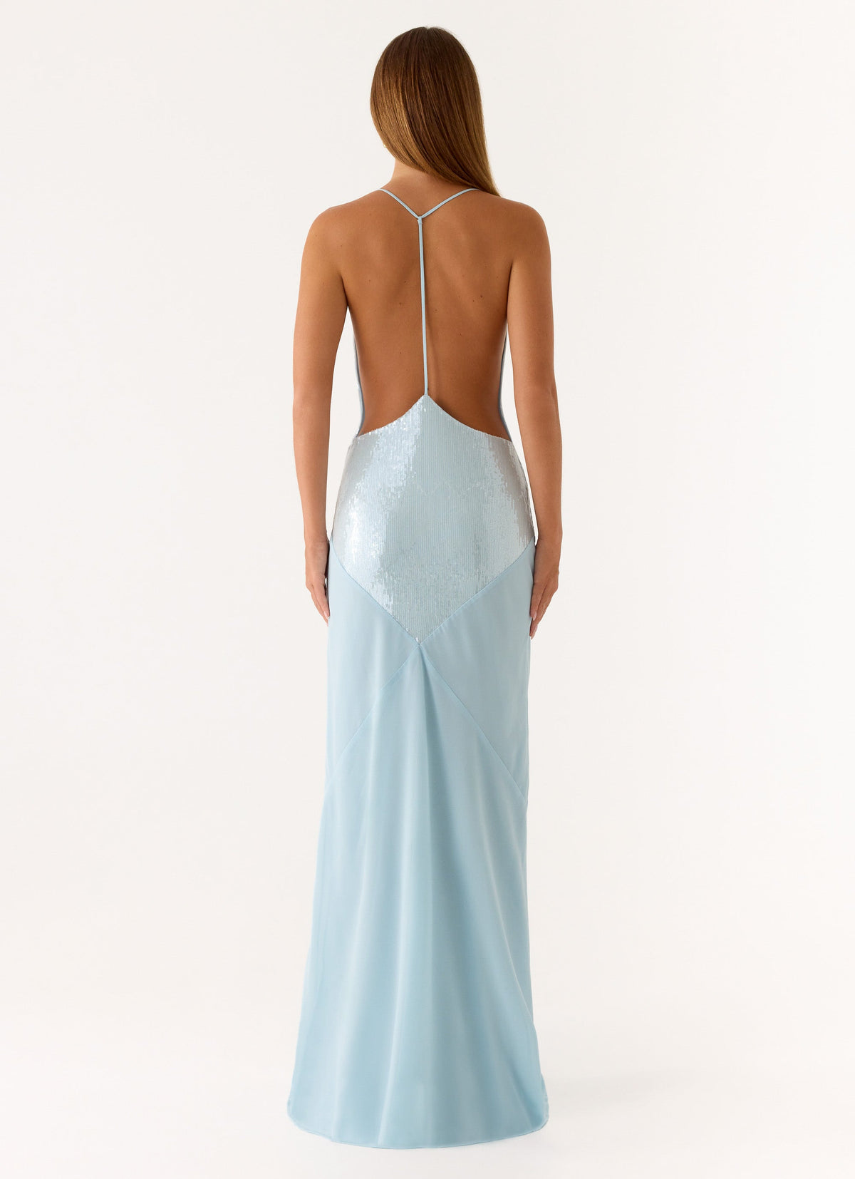 Cowl Neck Sequin Chiffon Maxi Dress - Blue