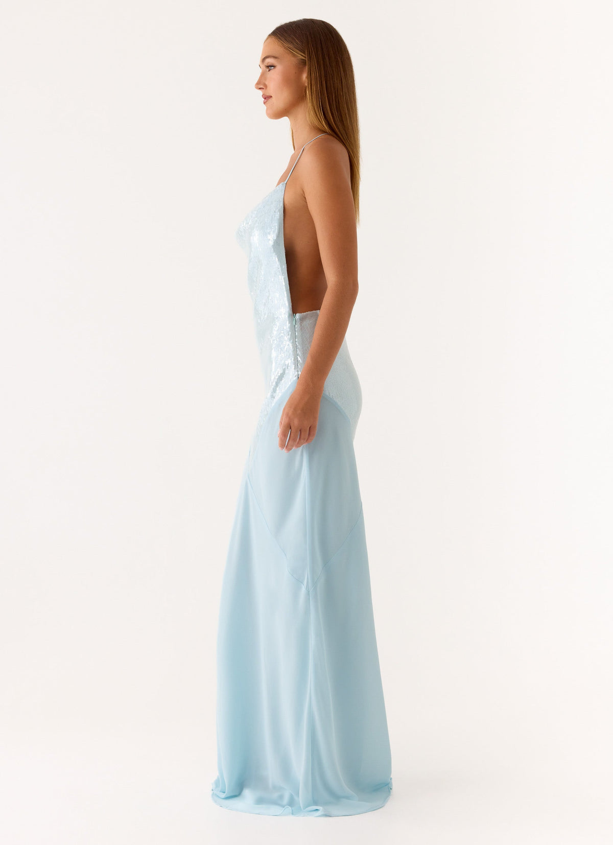Cowl Neck Sequin Chiffon Maxi Dress - Blue