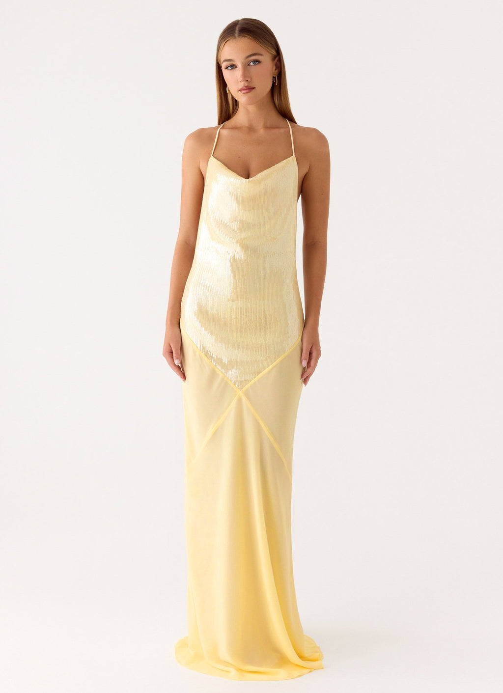 Cowl Neck Sequin Chiffon Maxi Dress - Yellow