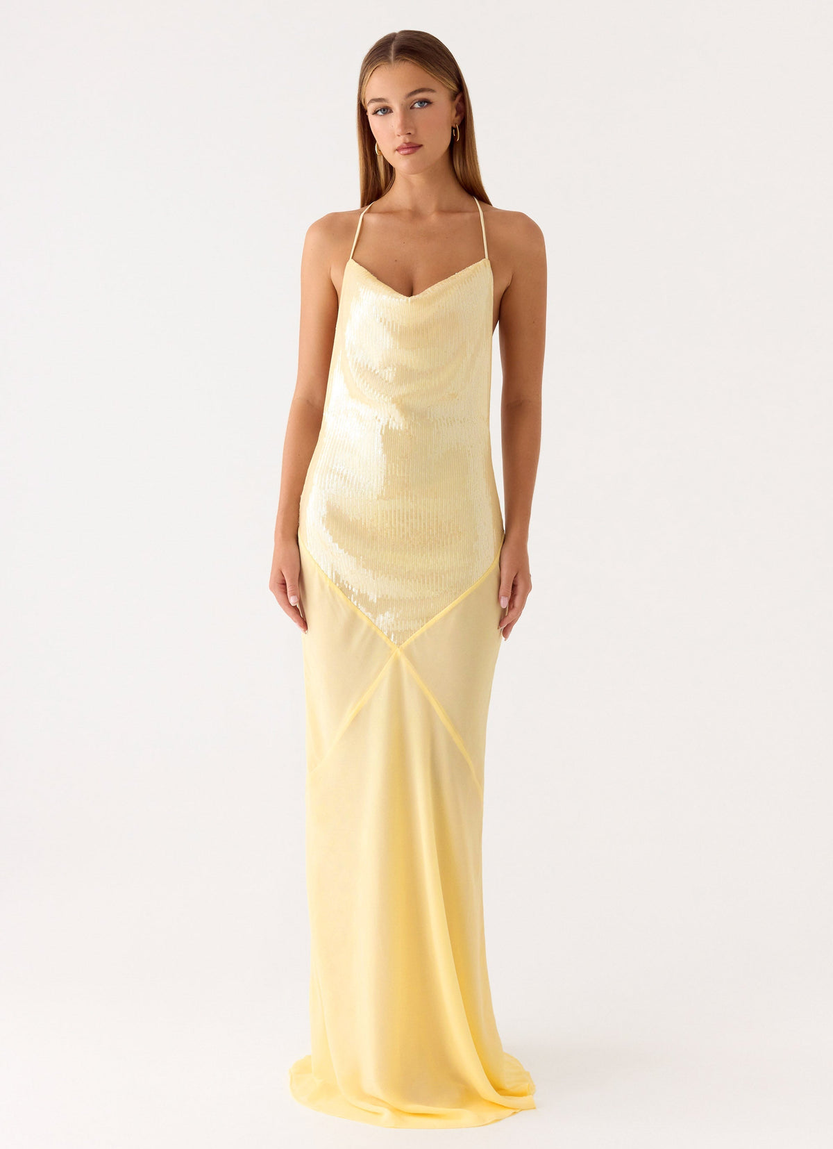 Cowl Neck Sequin Chiffon Maxi Dress - Yellow