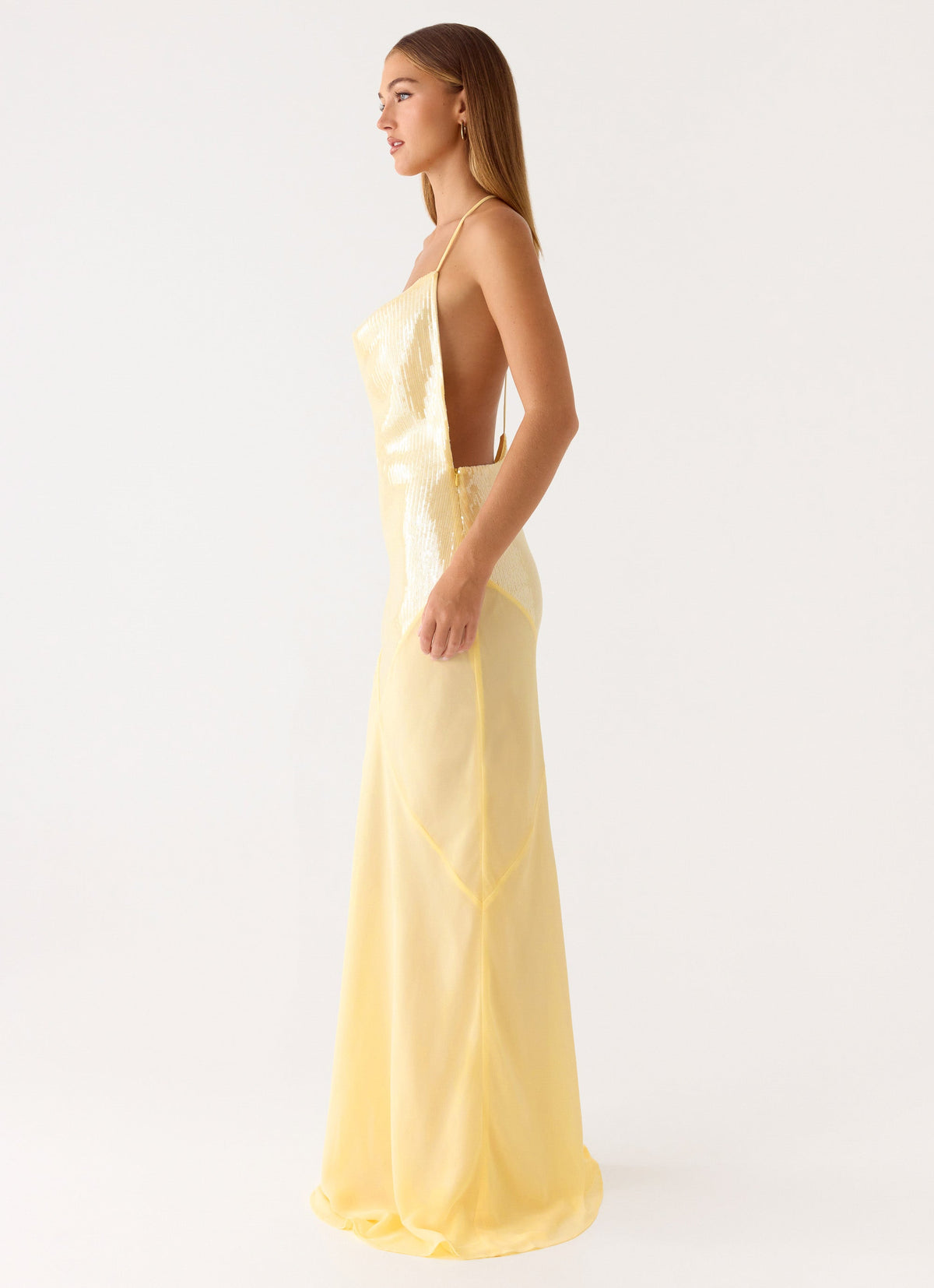 Cowl Neck Sequin Chiffon Maxi Dress - Yellow