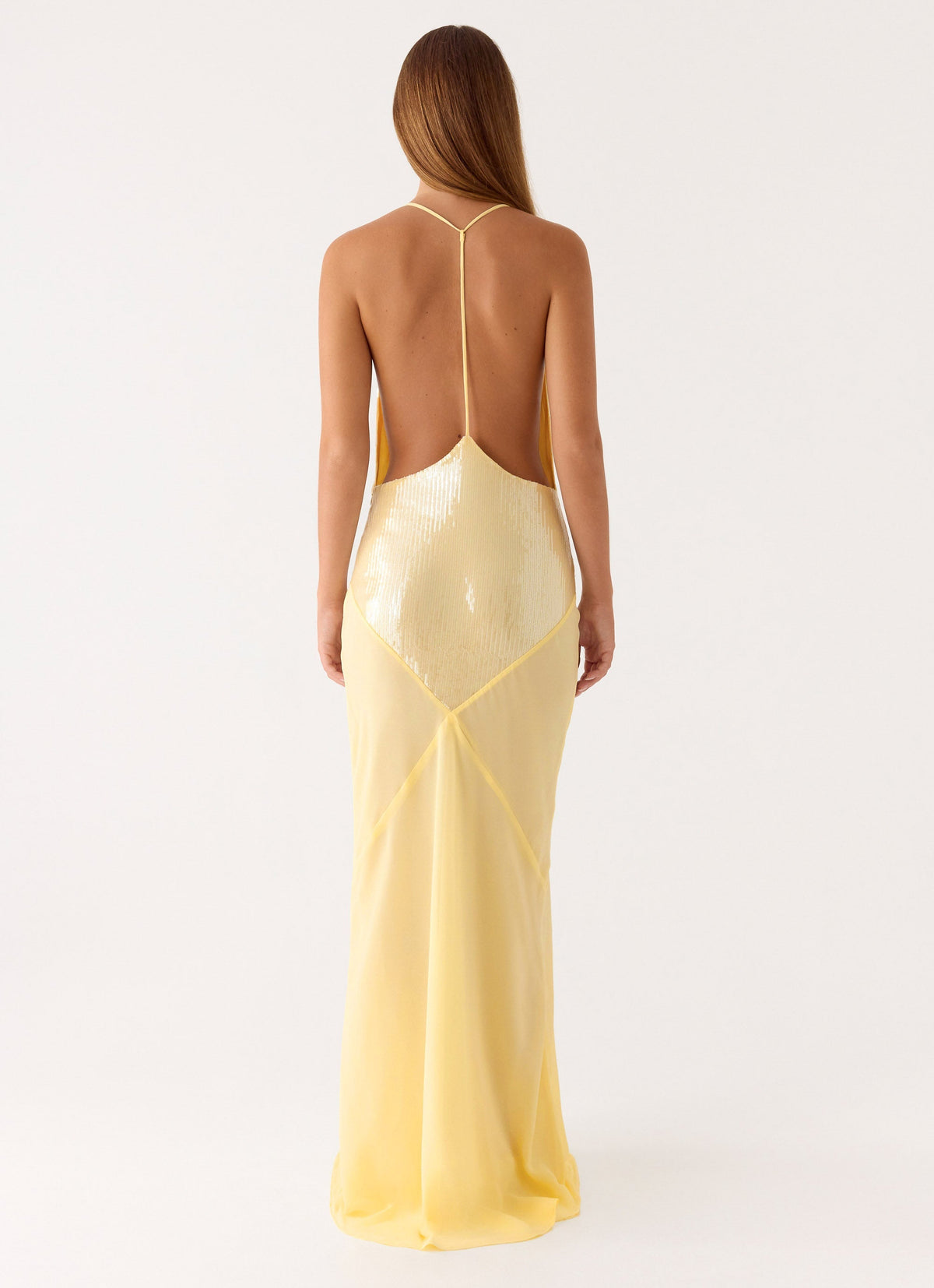 Cowl Neck Sequin Chiffon Maxi Dress - Yellow