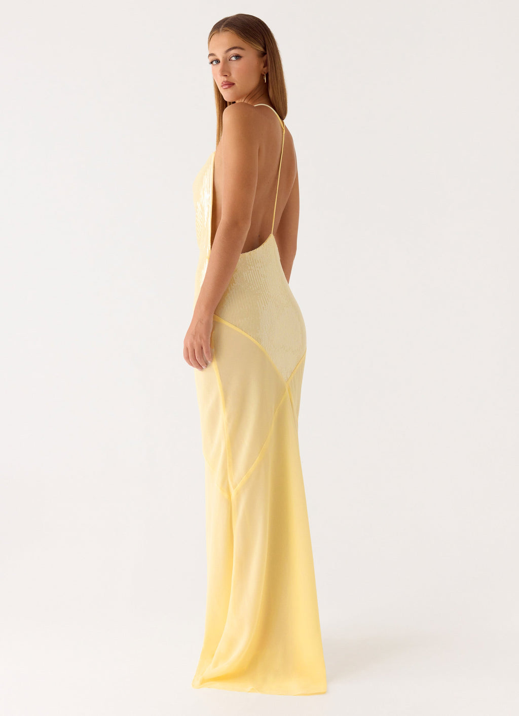 Cowl Neck Sequin Chiffon Maxi Dress - Yellow