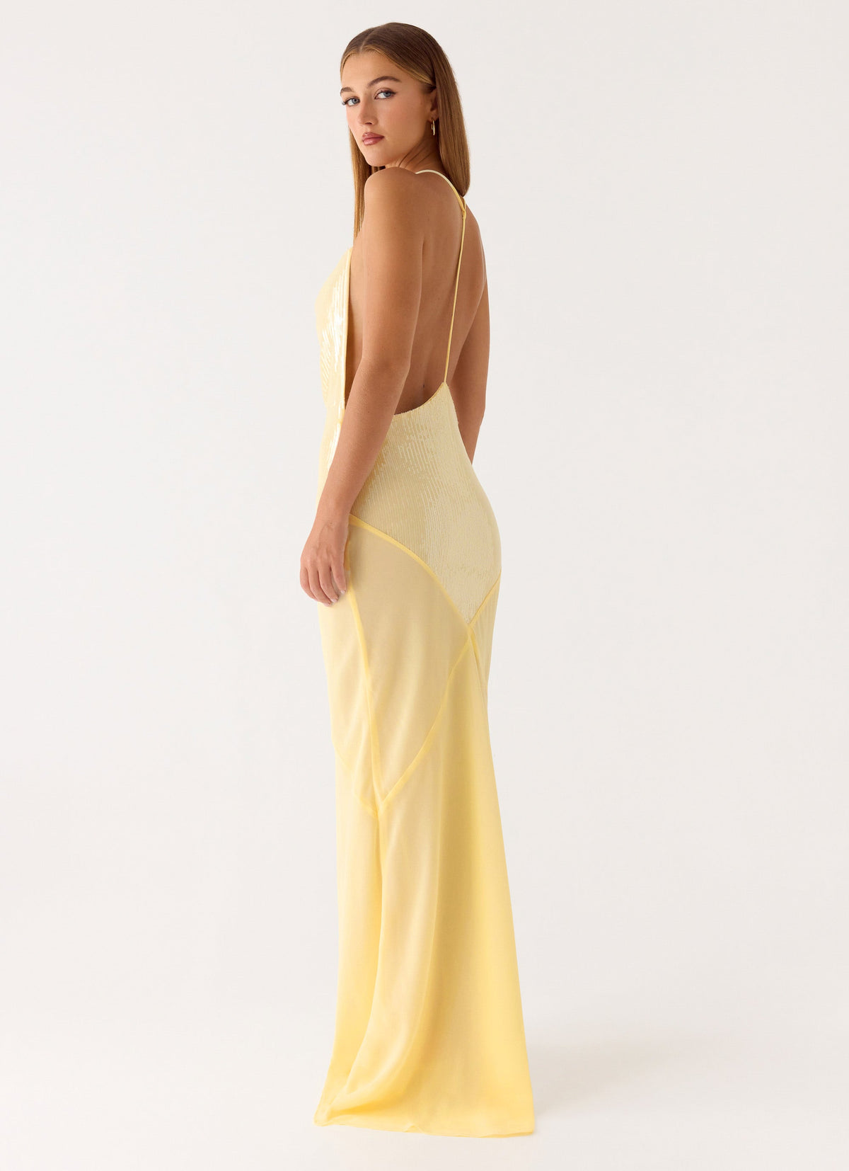 Cowl Neck Sequin Chiffon Maxi Dress - Yellow