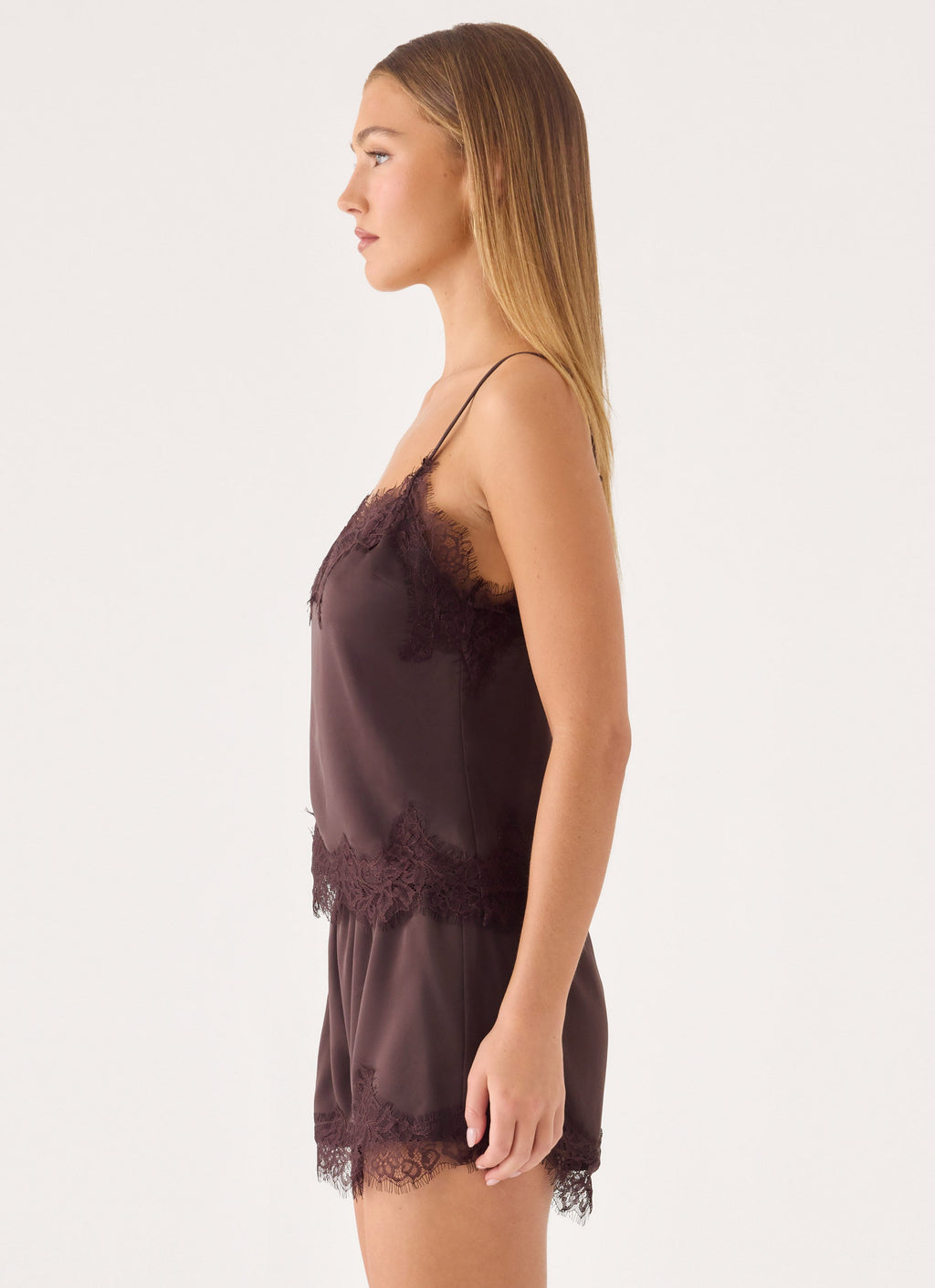 Satin Lace-Trim Cami Top - Chocolate