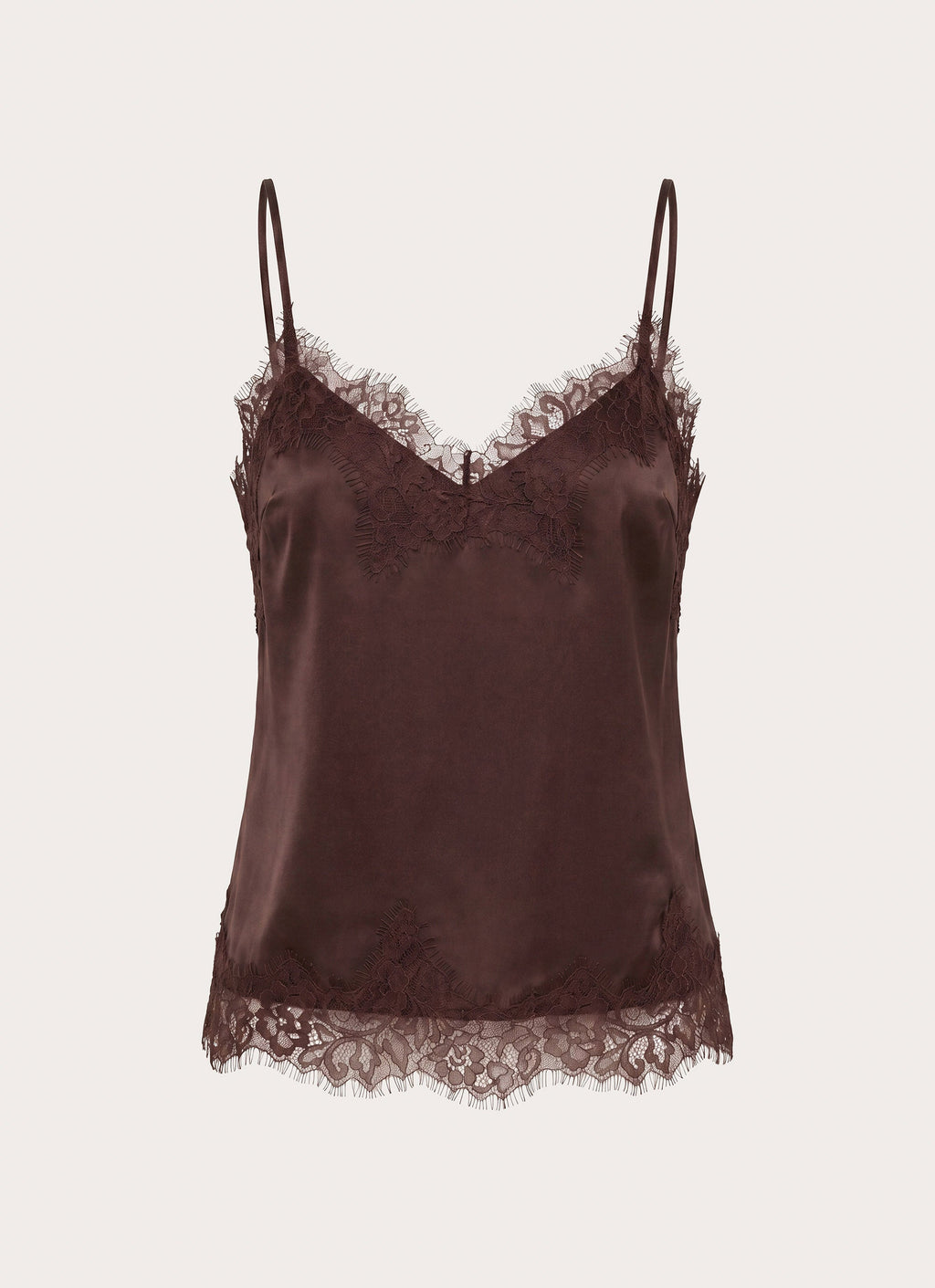 Satin Lace-Trim Cami Top - Chocolate